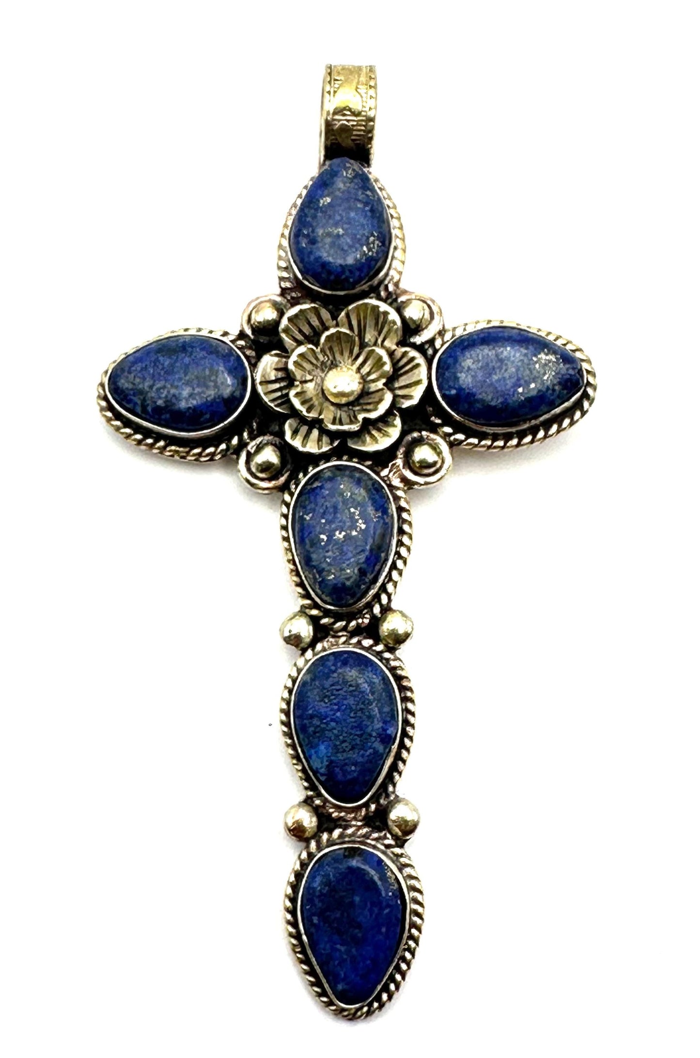 Cross pendant, Lapis lazuli, handcrafted, Tibetan silver,Floral design,Nepalese