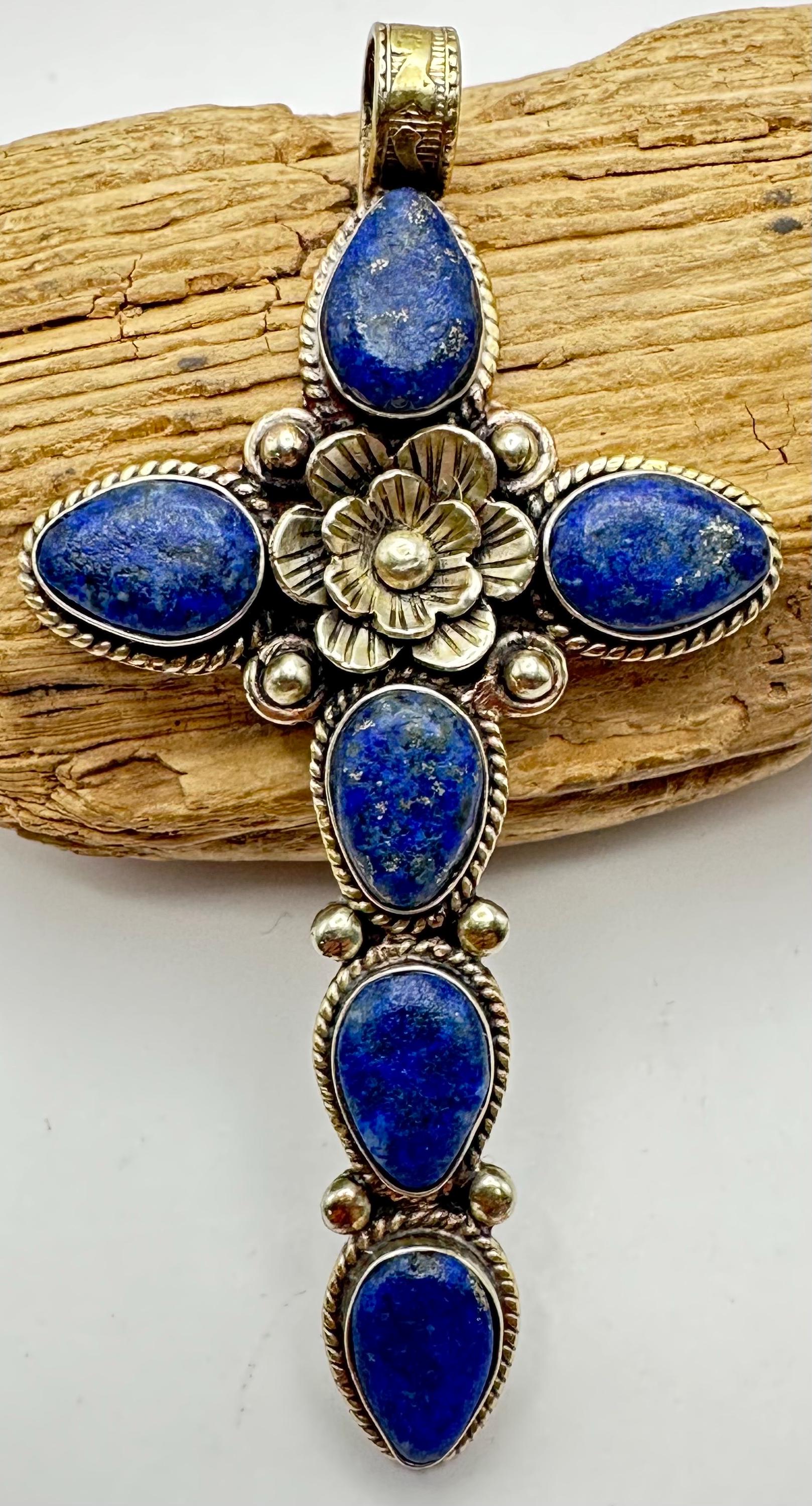 Cross pendant, Lapis lazuli, handcrafted, Tibetan silver,Floral design,Nepalese