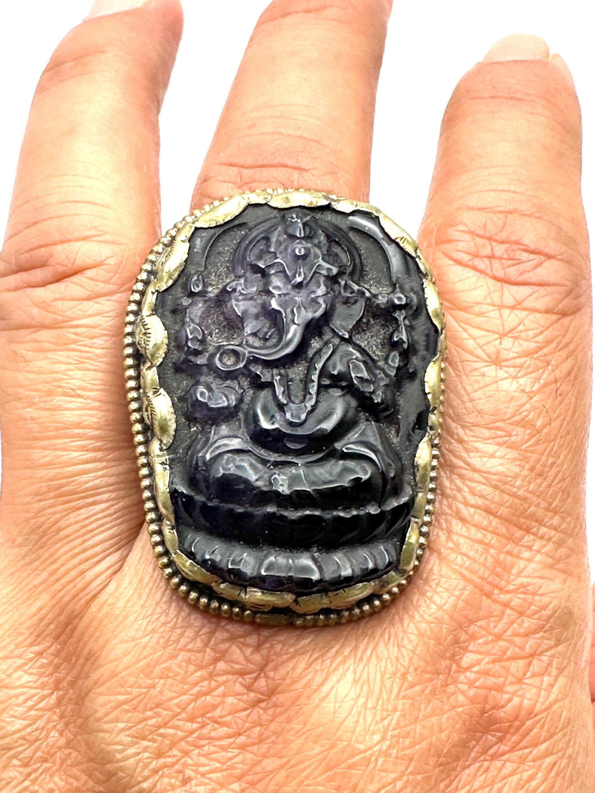 Ganesh Carved Amethyst Ring: Handcrafted Tibetan Silver, Adjustable