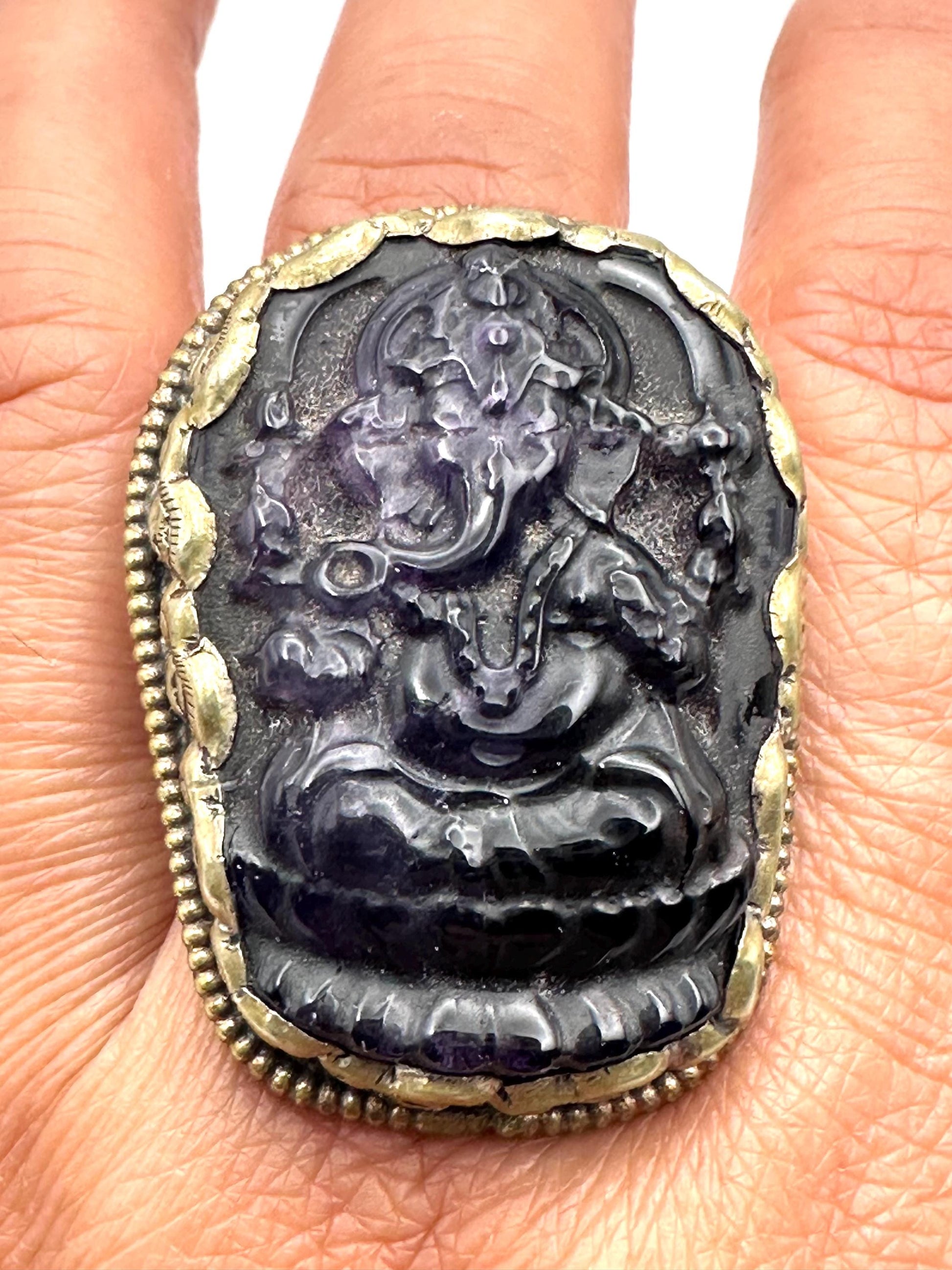 Ganesh Carved Amethyst Ring: Handcrafted Tibetan Silver, Adjustable