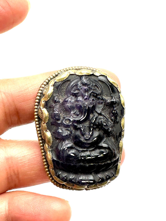 Ganesh Carved Amethyst Ring: Handcrafted Tibetan Silver, Adjustable