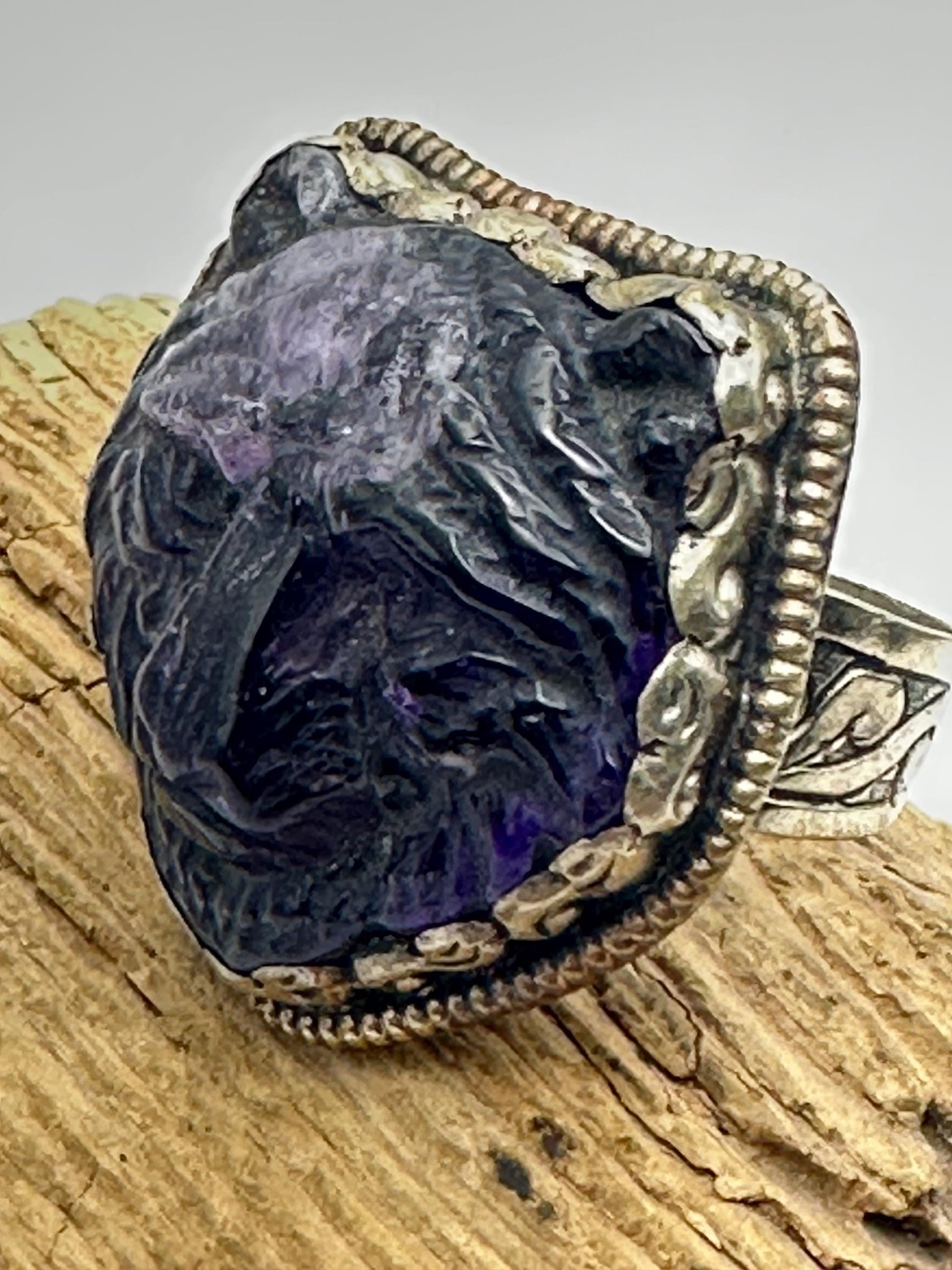 Amethyst bear ring, handcrafted,Tibetan silver,adjustable,animal lover,