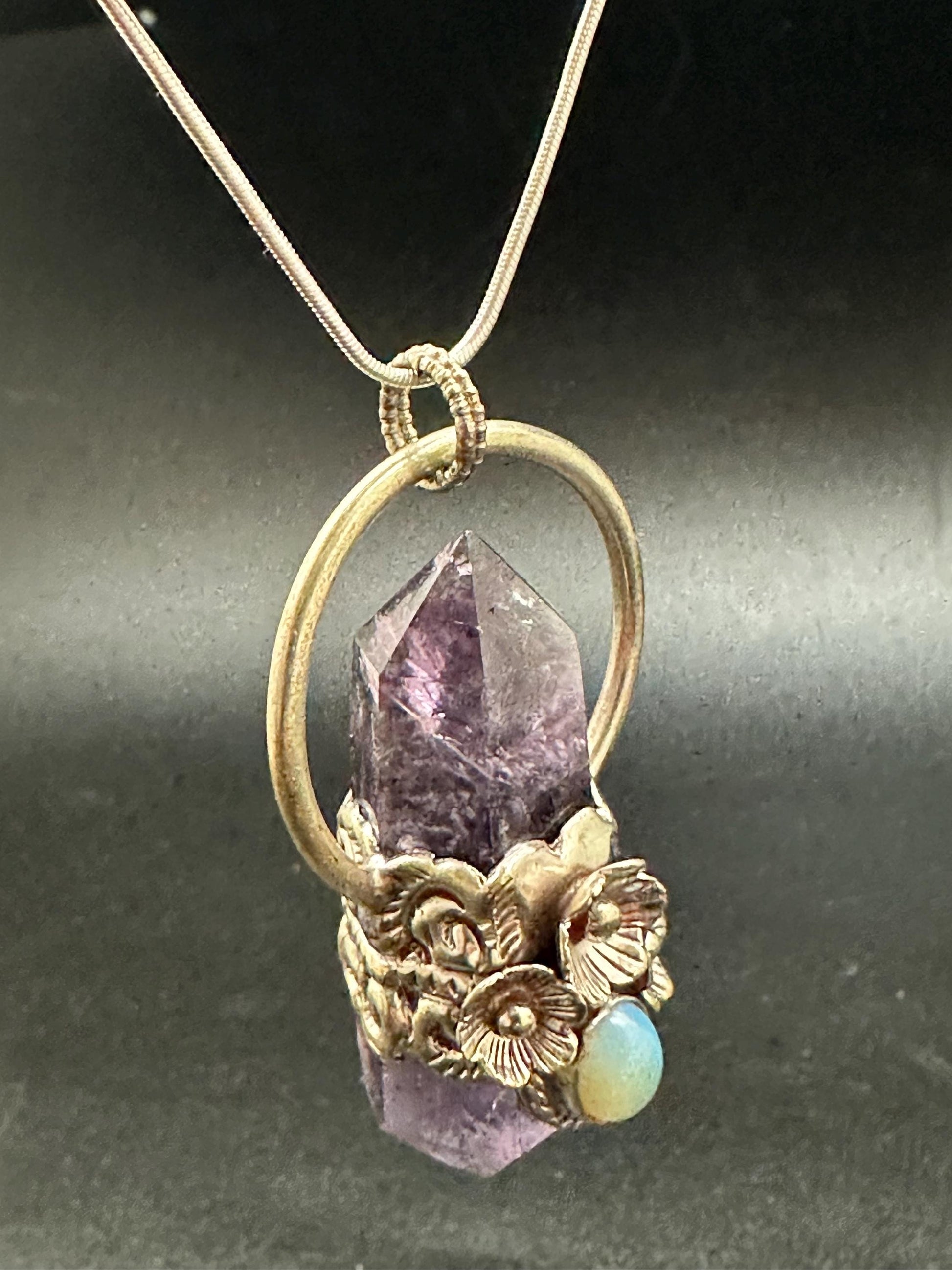 Amethyst pendant ,double point pendant set with opal,handcrafted, Tibetan silver,floral jewelry