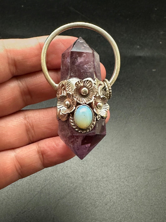 Amethyst pendant ,double point pendant set with opal,handcrafted, Tibetan silver,floral jewelry