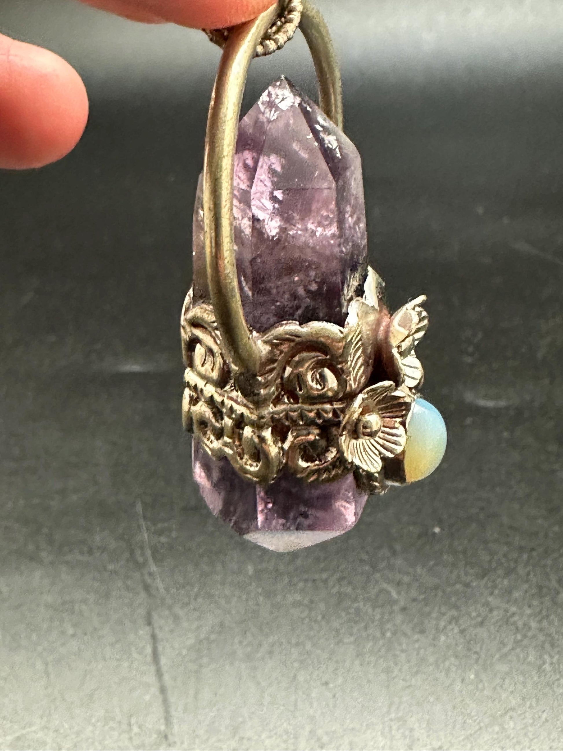 Amethyst pendant ,double point pendant set with opal,handcrafted, Tibetan silver,floral jewelry