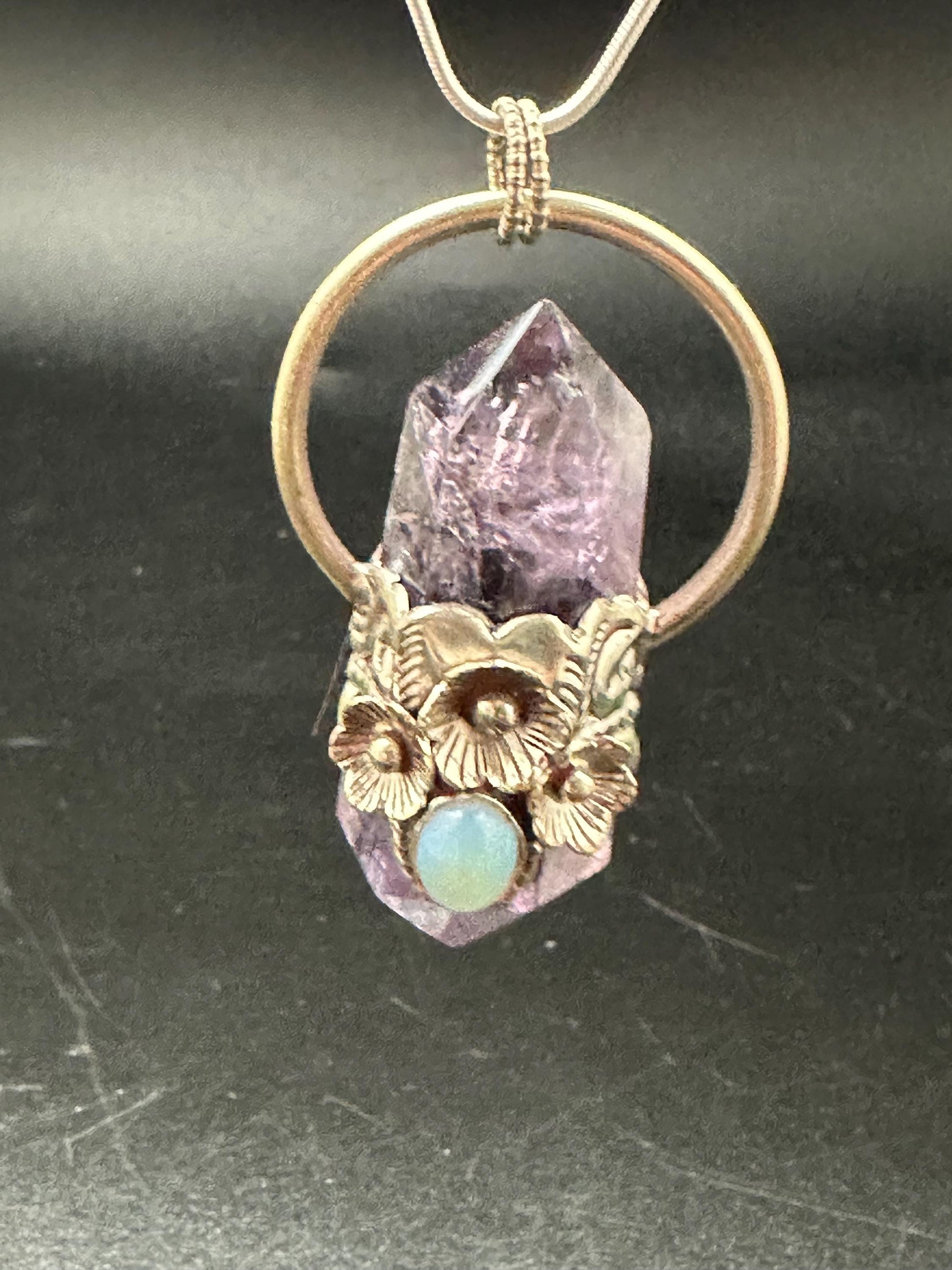 Amethyst pendant ,double point pendant set with opal,handcrafted, Tibetan silver,floral jewelry