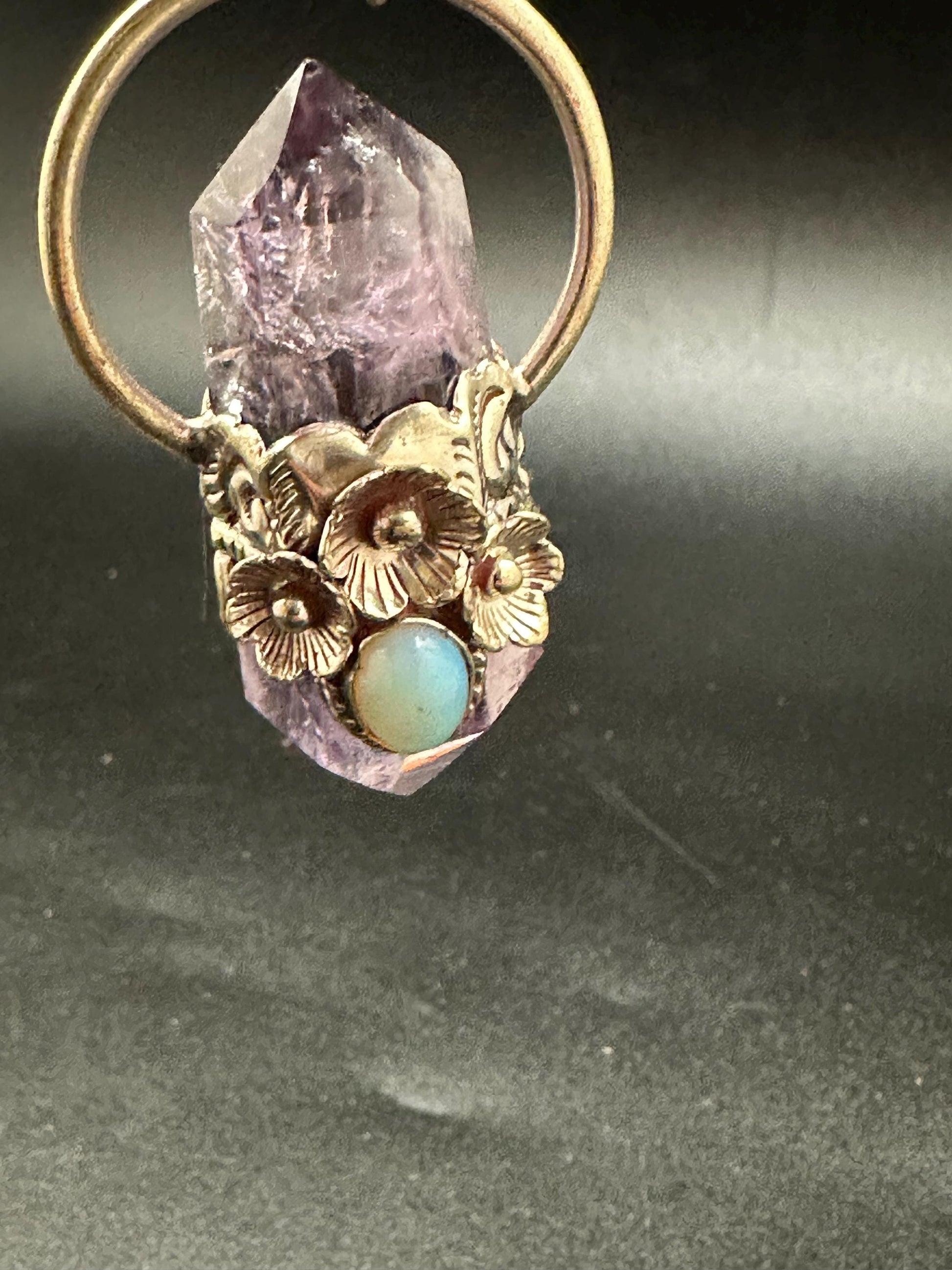 Amethyst pendant ,double point pendant set with opal,handcrafted, Tibetan silver,floral jewelry