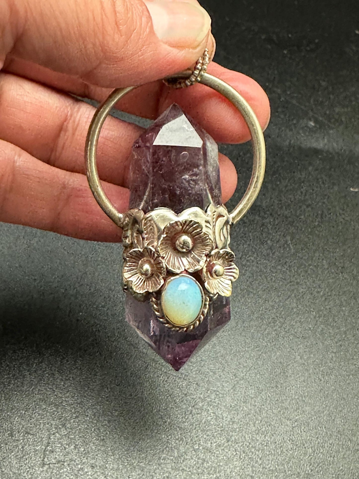 Amethyst pendant ,double point pendant set with opal,handcrafted, Tibetan silver,floral jewelry