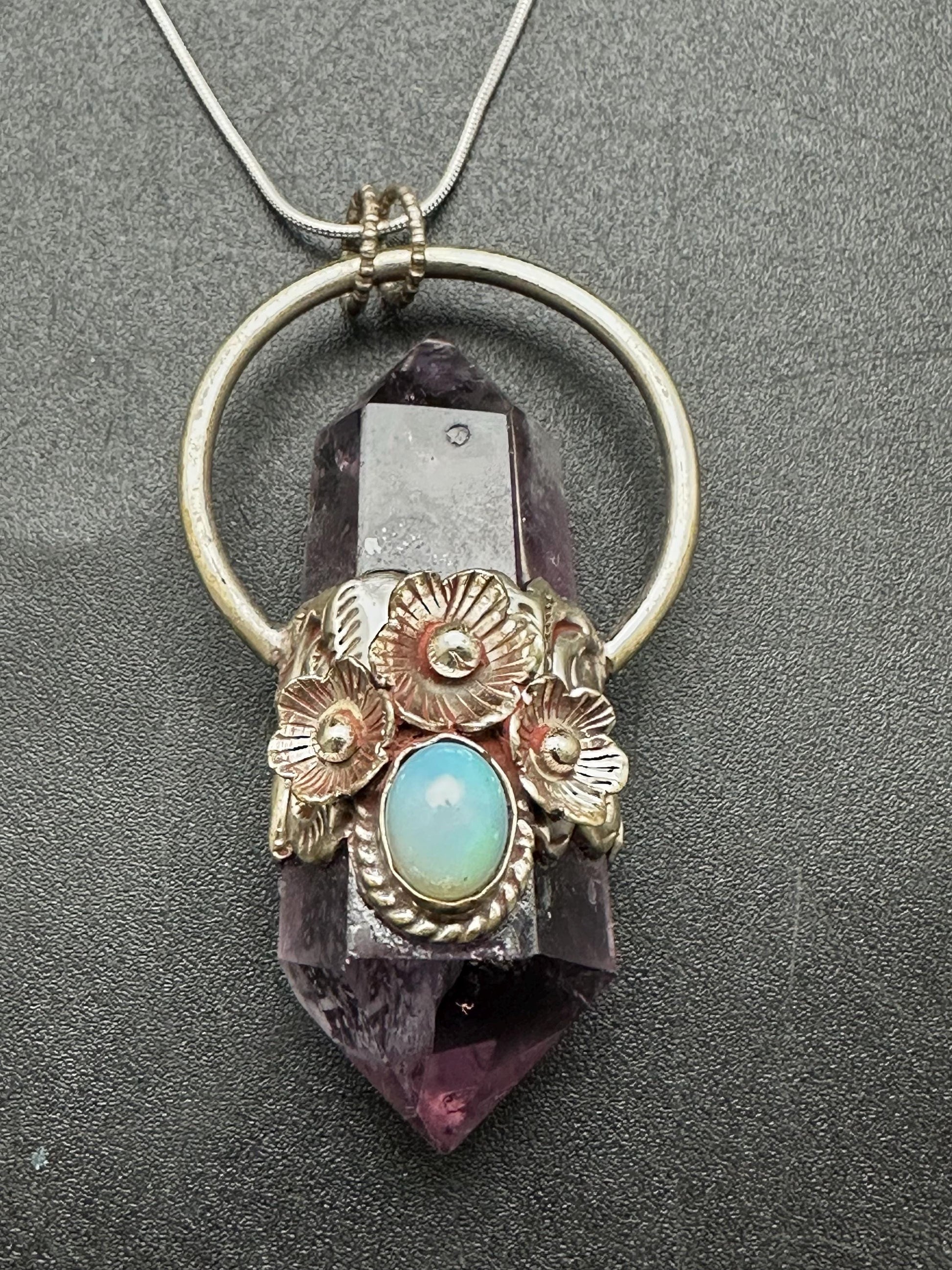 Amethyst pendant ,double point pendant set with opal,handcrafted, Tibetan silver,floral jewelry
