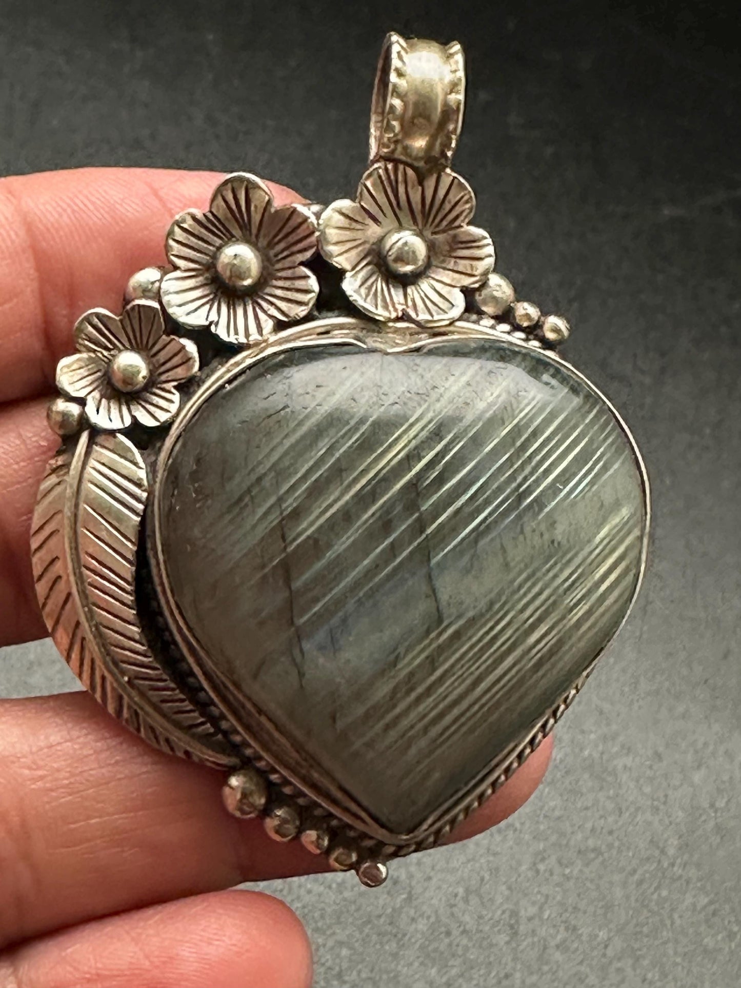 Labradorite Heart Pendant: Tibetan Silver Floral Design, Nepalese Handcraft