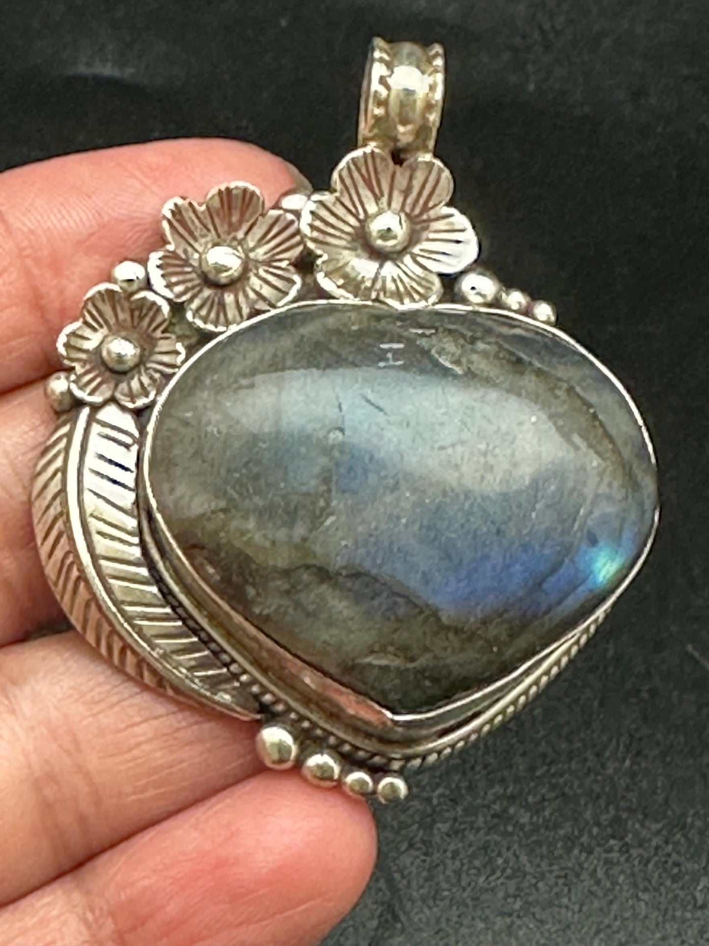 Labradorite Heart Pendant: Tibetan Silver Floral Design, Nepalese Handcraft