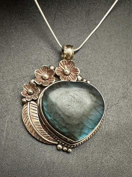 Labradorite Heart Pendant: Tibetan Silver Floral Design, Nepalese Handcraft