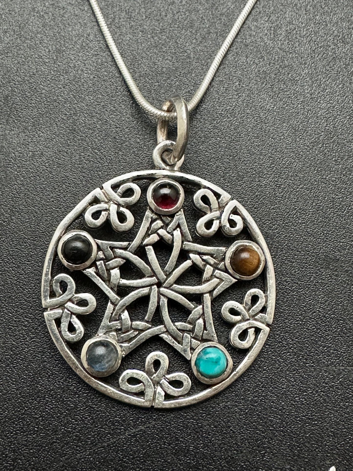 multiple stone pendant,sterling silver,star pendant,handcrafted,five chakra,cabochone,healing, yoga, spiritual