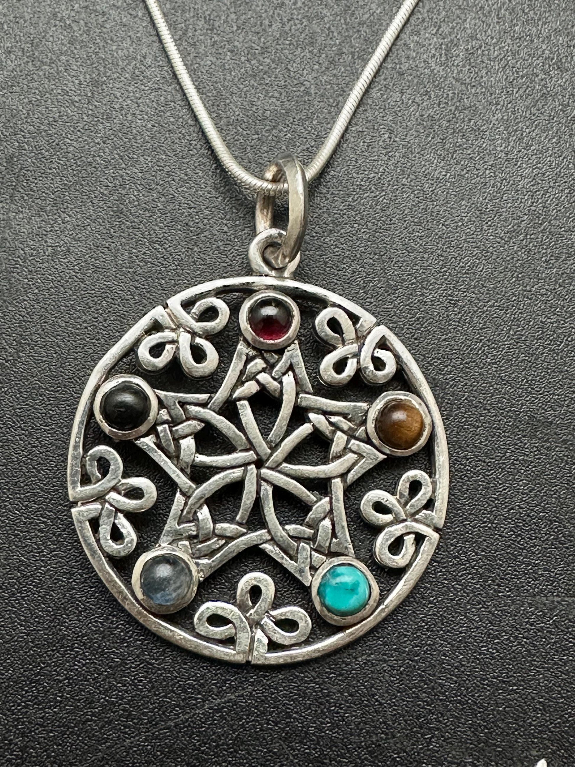 multiple stone pendant,sterling silver,star pendant,handcrafted,five chakra,cabochone,healing, yoga, spiritual