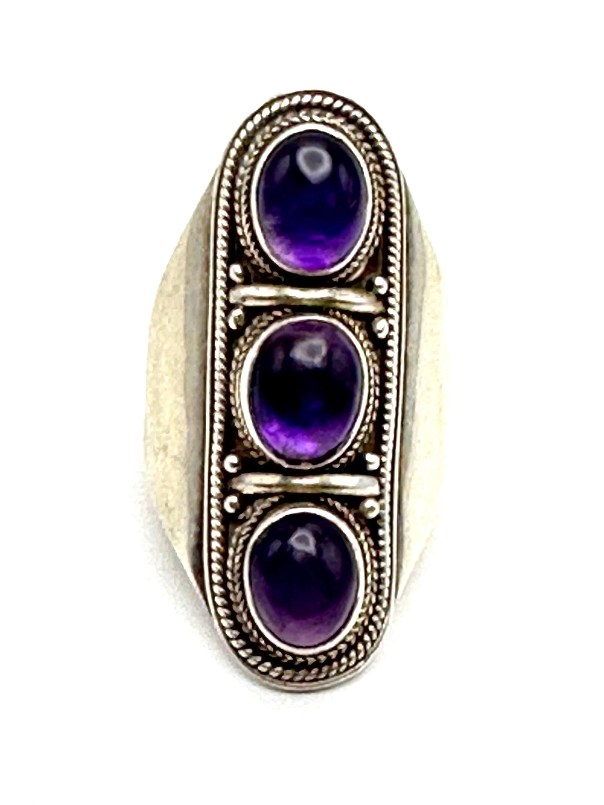 Amethyst ring, handcrafted,sterling silver,fashion jewelry,Triple stone ring,