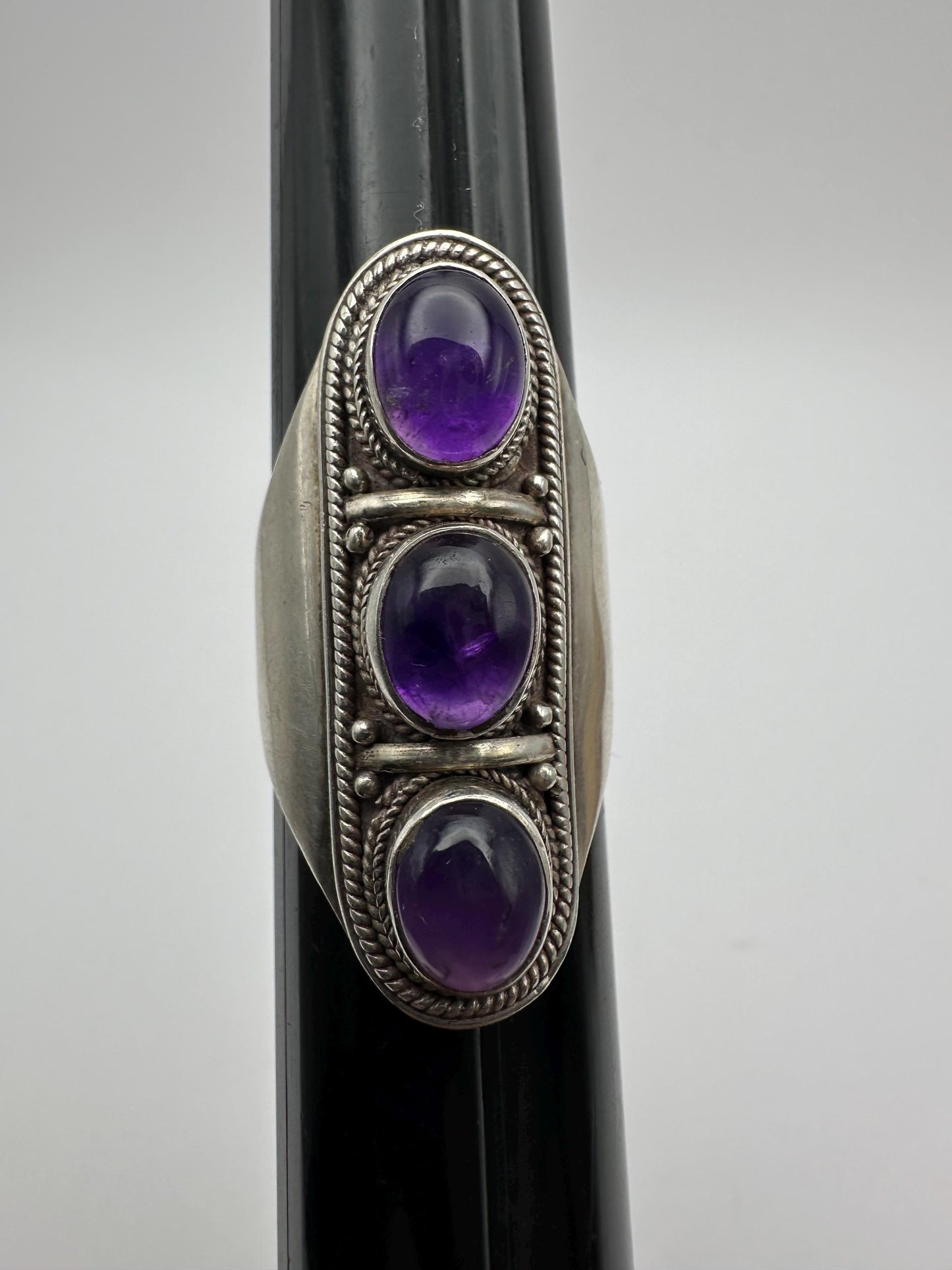 Amethyst ring, handcrafted,sterling silver,fashion jewelry,Triple stone ring,