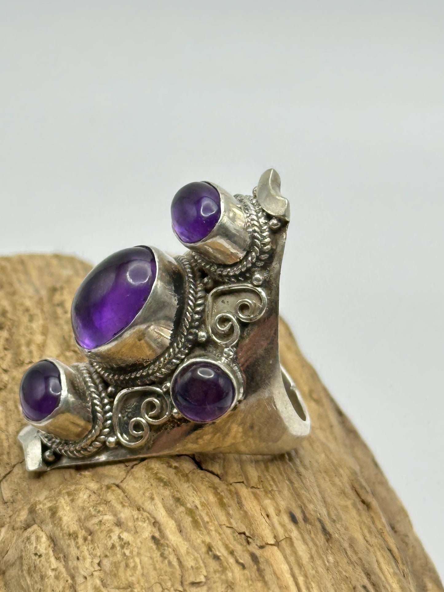 Amethyst ring,handcrafted, sterling silver,five stones ring,ethnic style, Nepalese