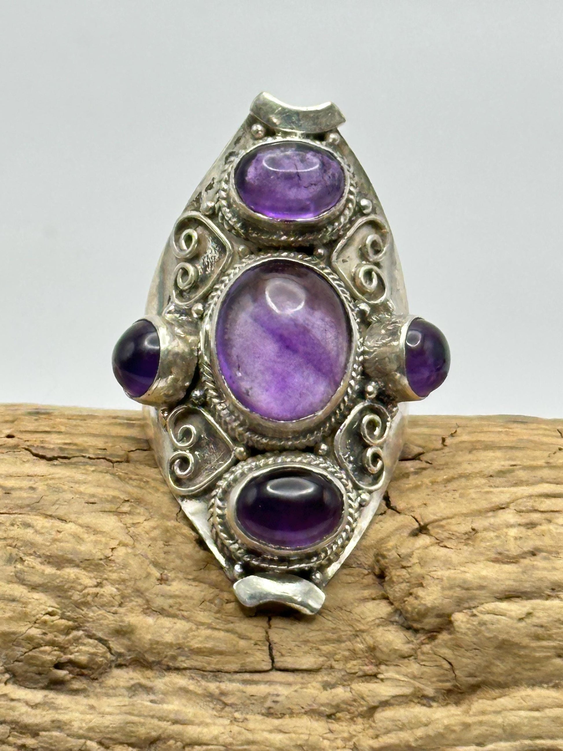 Amethyst ring,handcrafted, sterling silver,five stones ring,ethnic style, Nepalese