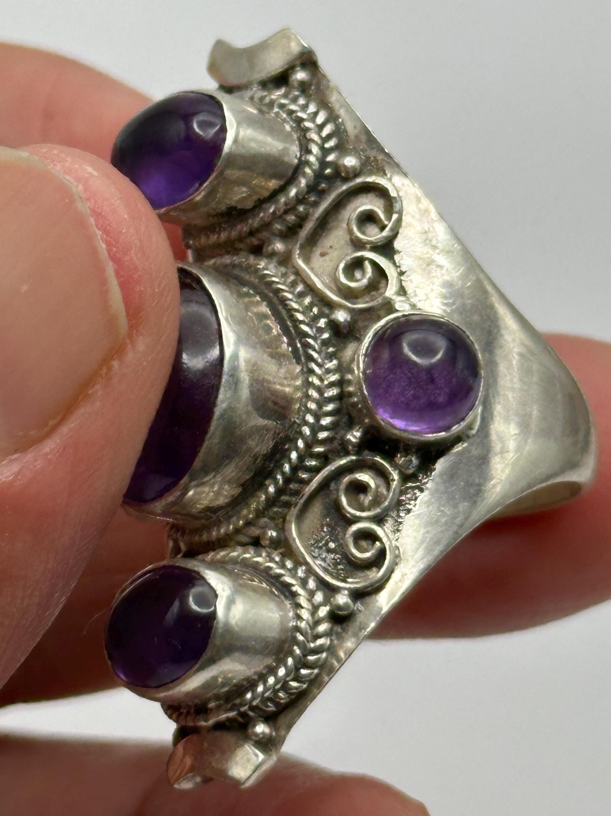 Amethyst ring,handcrafted, sterling silver,five stones ring,ethnic style, Nepalese