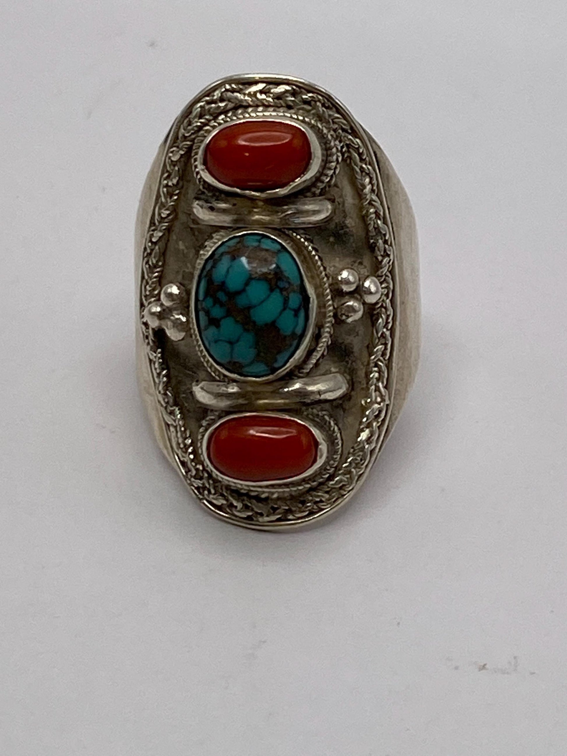 Turquoise, coral ring,handcrafted,sterling silver,adjustable,