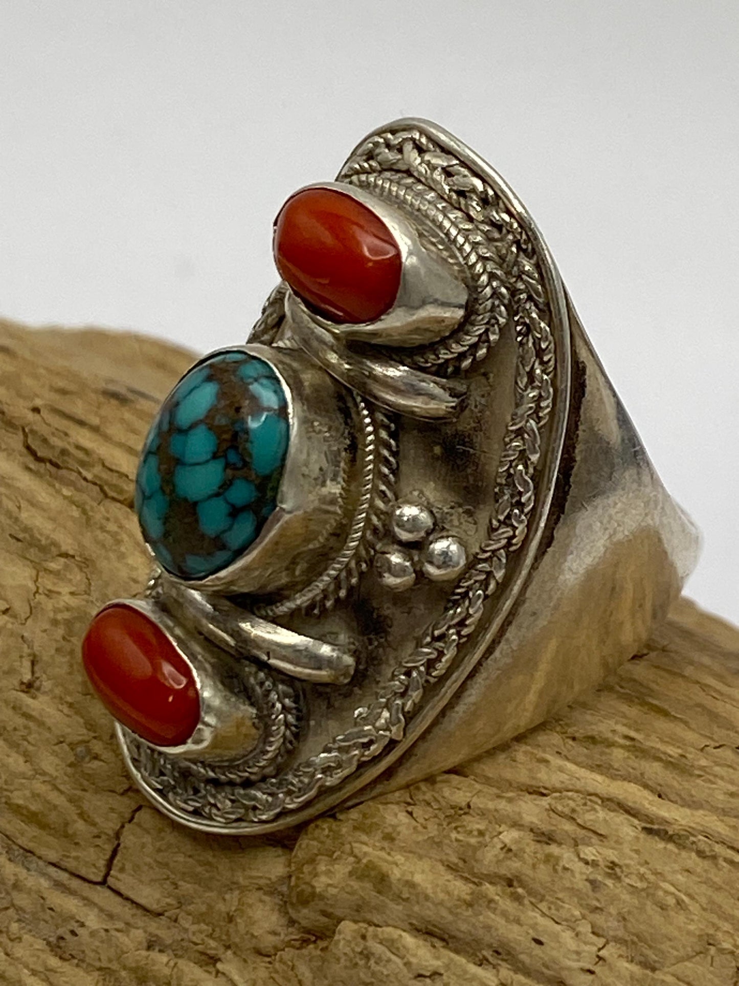 Turquoise, coral ring,handcrafted,sterling silver,adjustable,