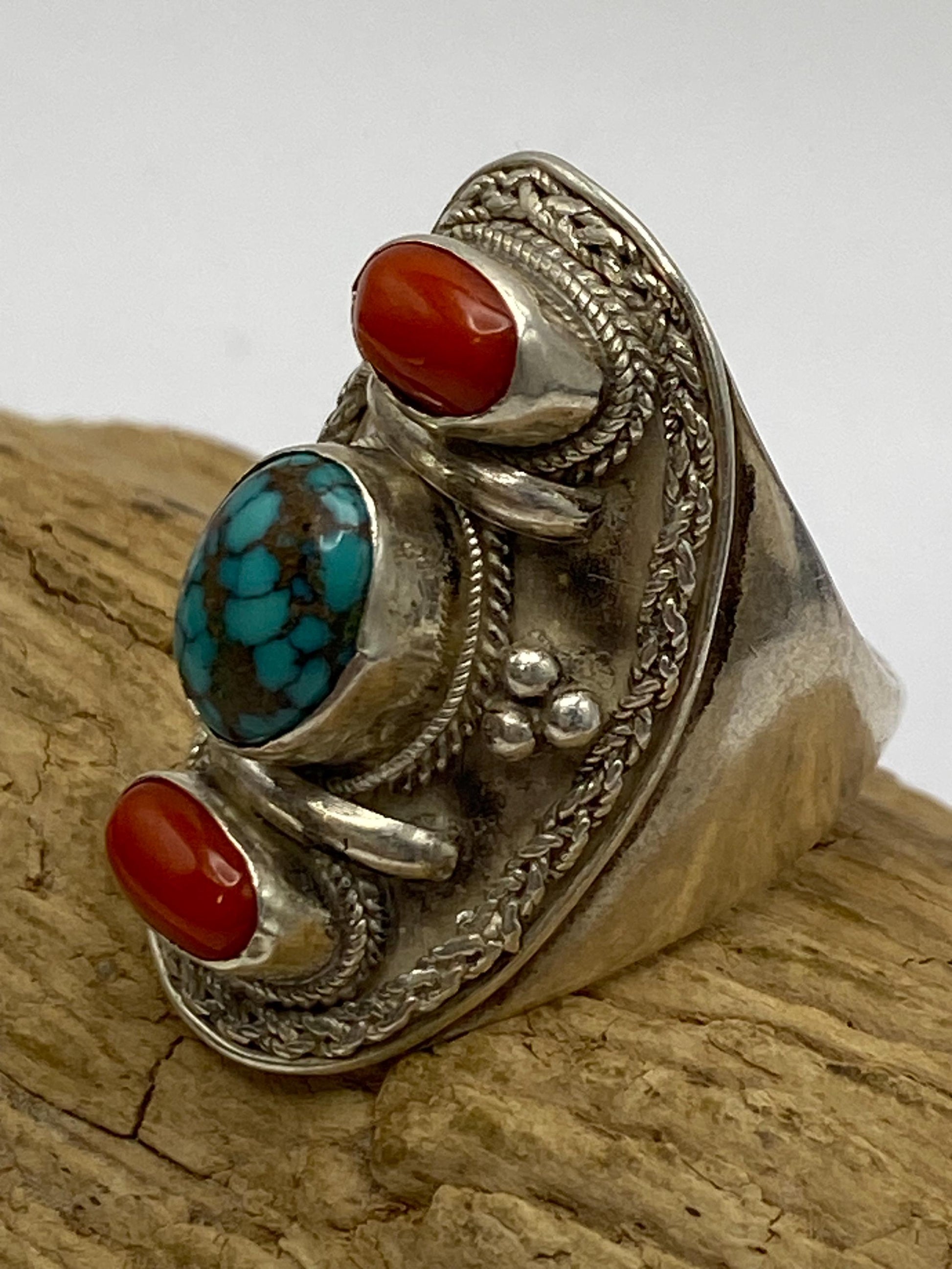 Turquoise, coral ring,handcrafted,sterling silver,adjustable,