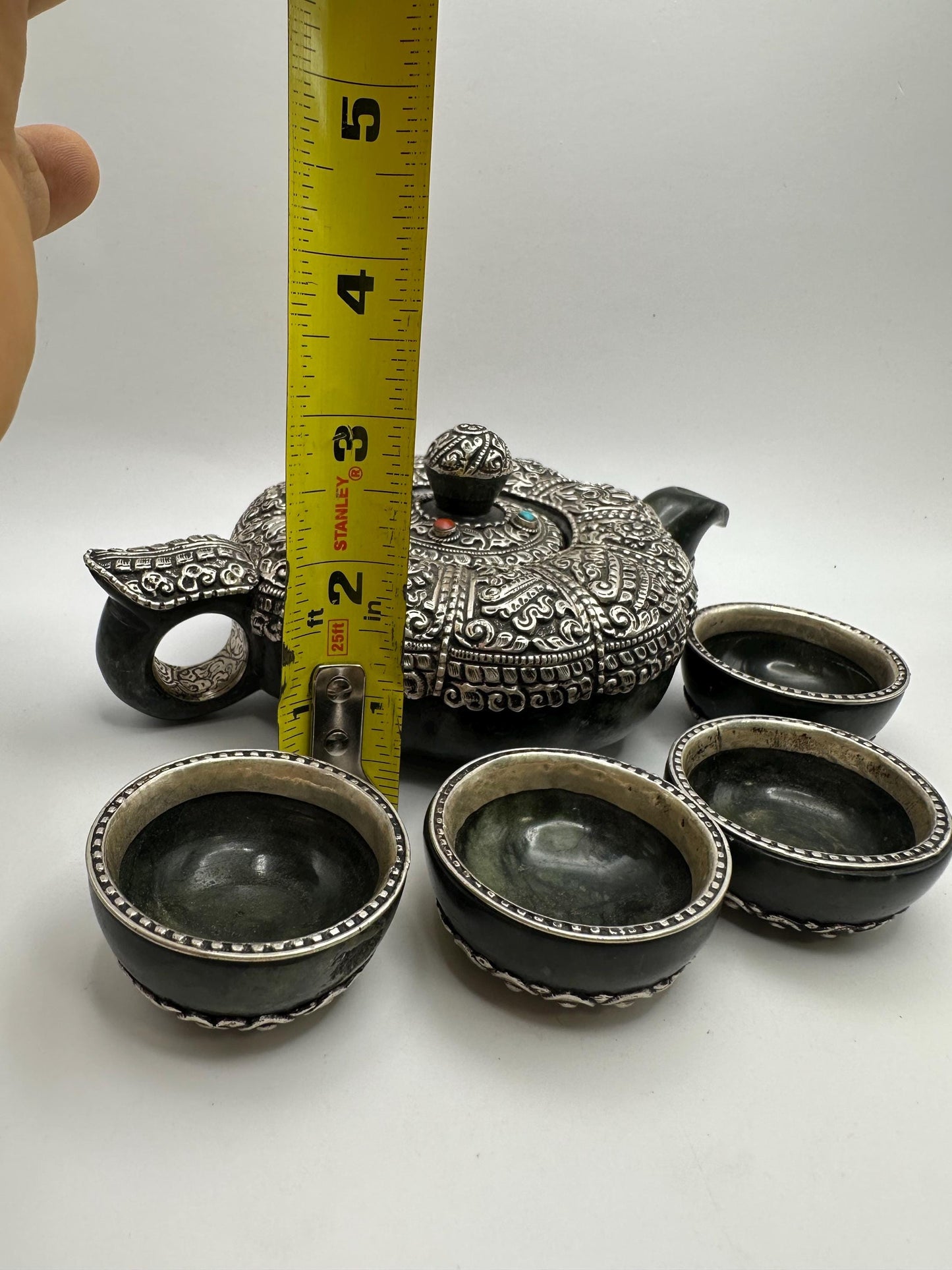 Handcrafted Jade Tea Set: Sterling Silver, Eight Auspicious Symbols
