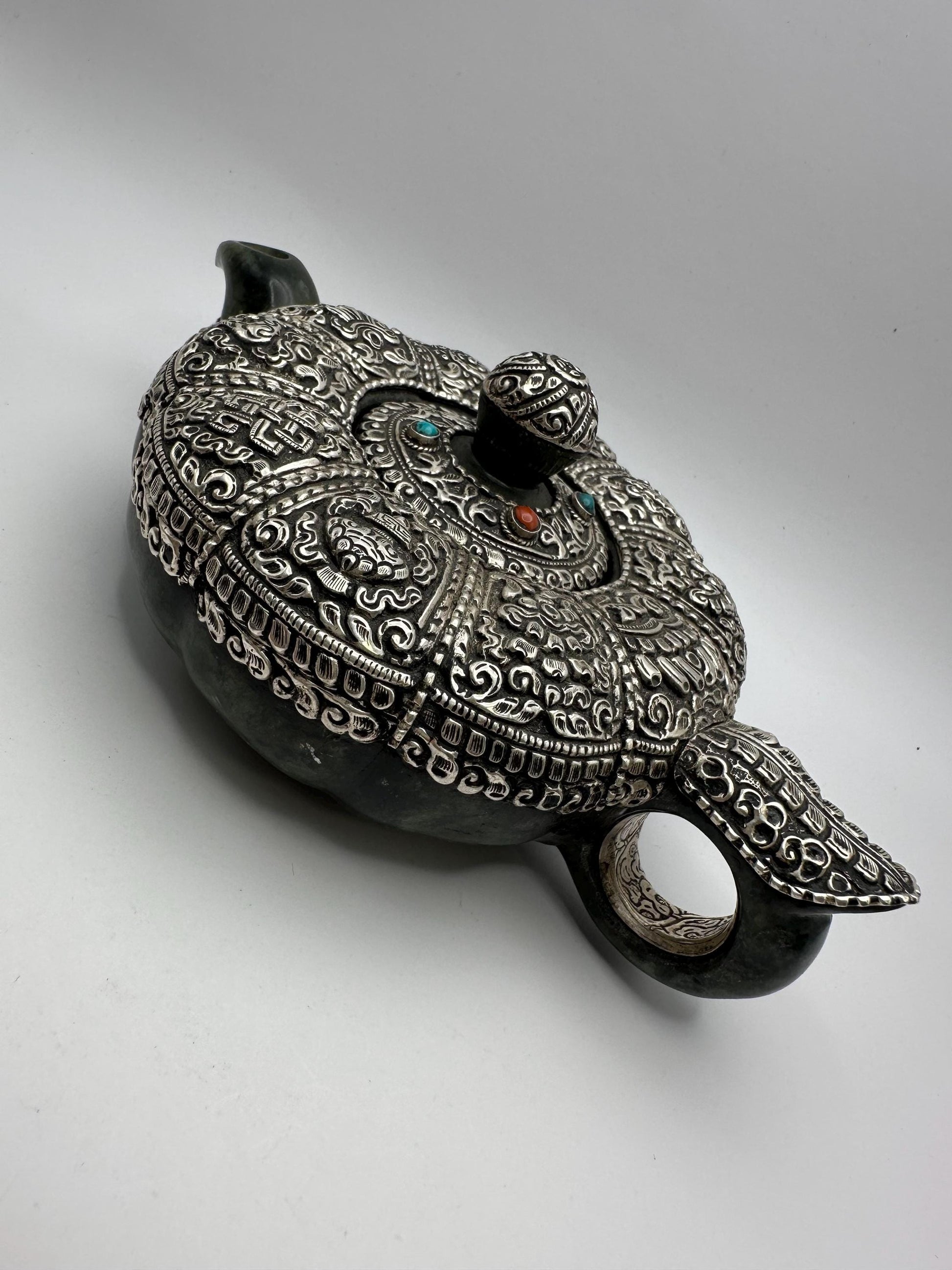 Handcrafted Jade Tea Set: Sterling Silver, Eight Auspicious Symbols