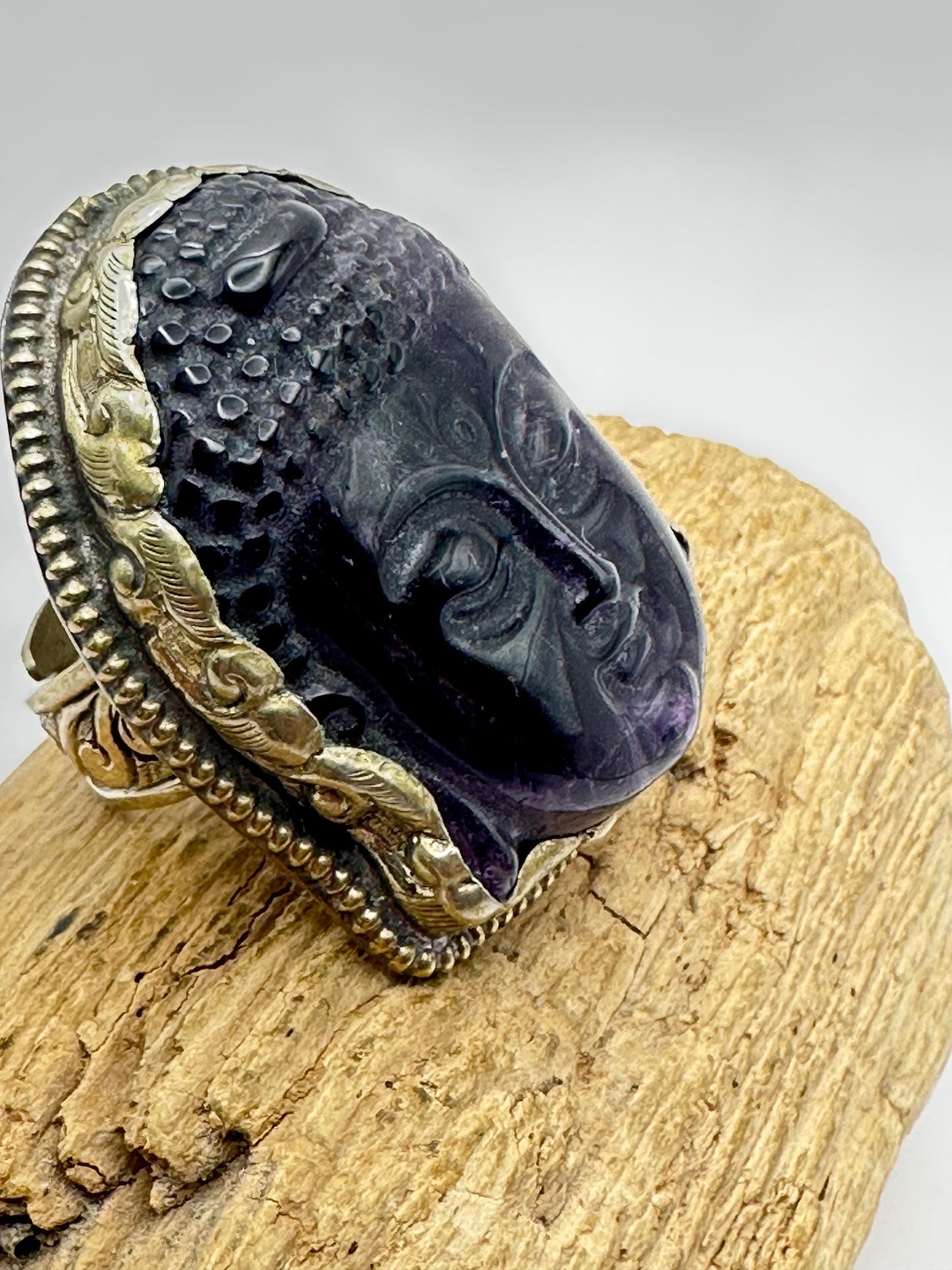 Amethyst ring,Buddha ring,handcrafted,Tibetan silver,adjustable ring,Buddha head