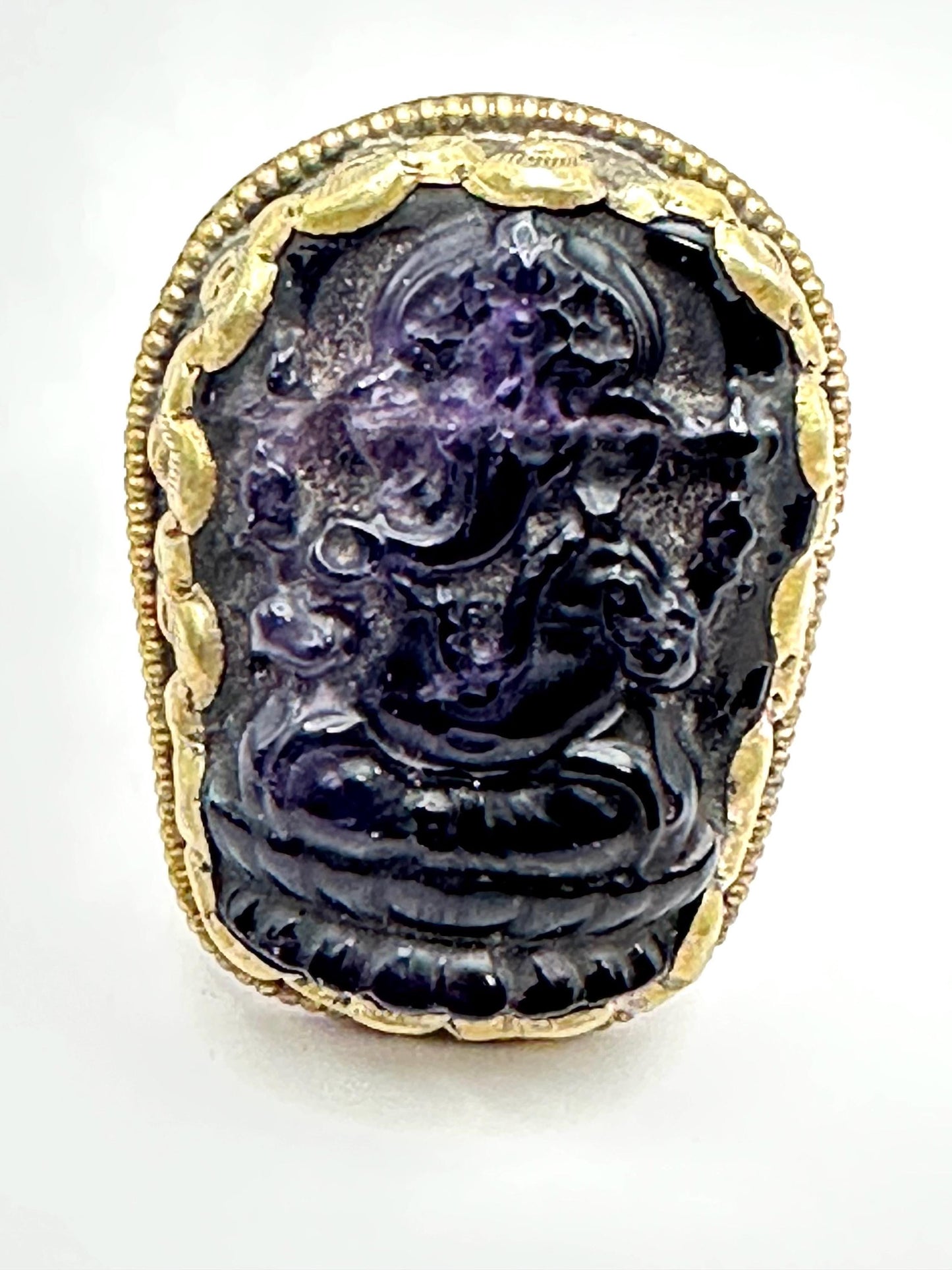 Ganesh Carved Amethyst Ring: Handcrafted Tibetan Silver, Adjustable