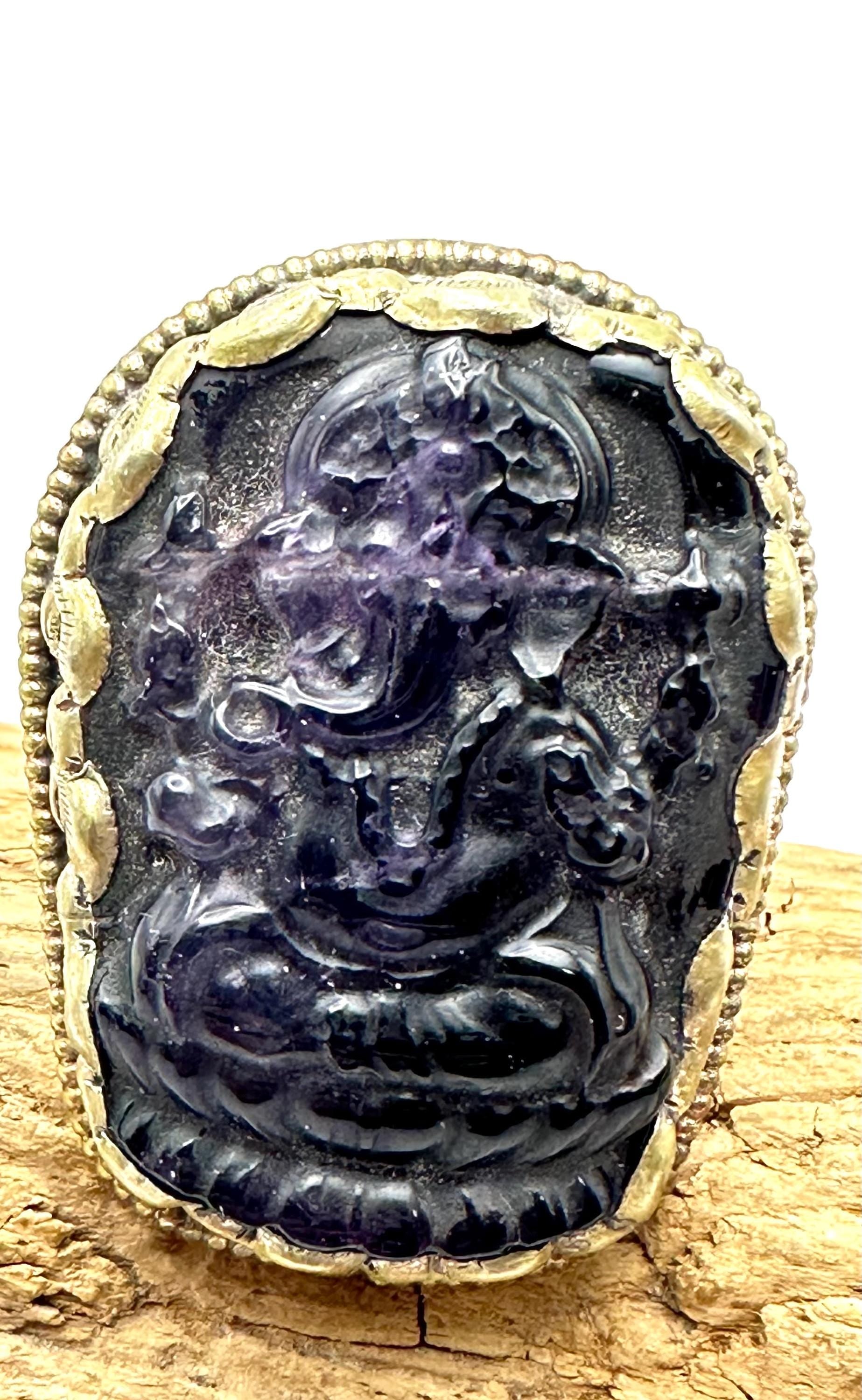 Ganesh Carved Amethyst Ring: Handcrafted Tibetan Silver, Adjustable