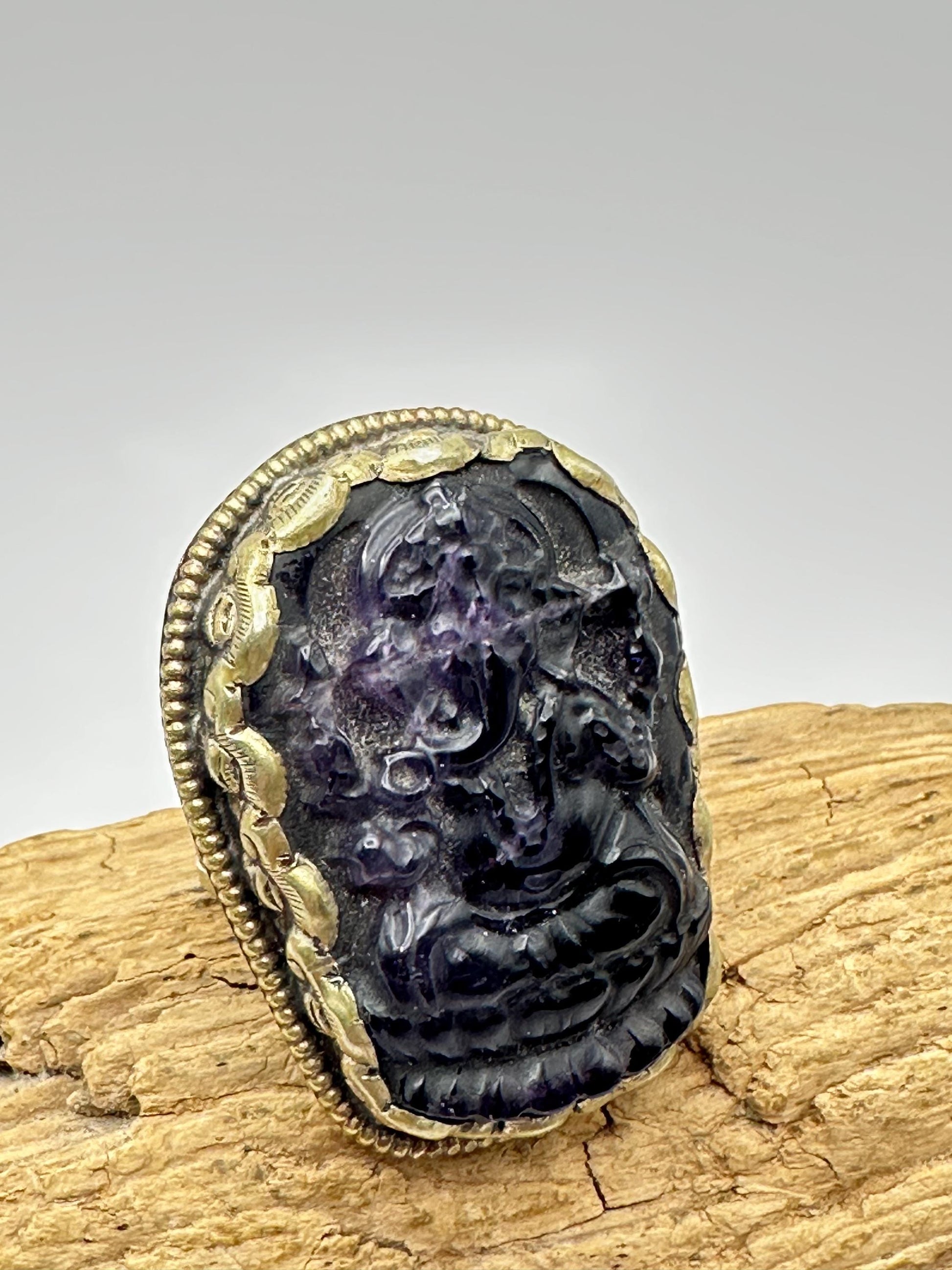Ganesh Carved Amethyst Ring: Handcrafted Tibetan Silver, Adjustable