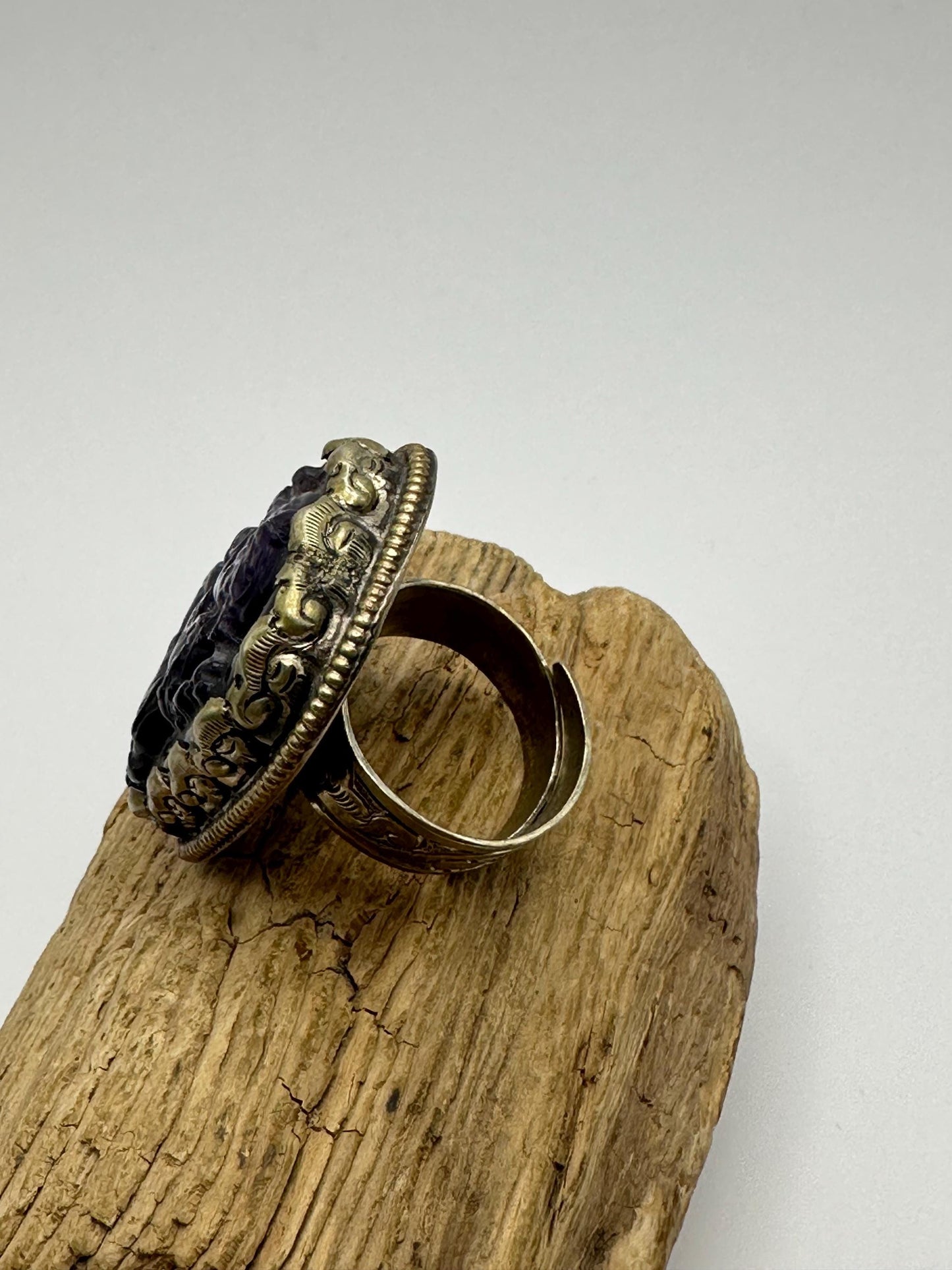 Ganesh Carved Amethyst Ring: Handcrafted Tibetan Silver, Adjustable