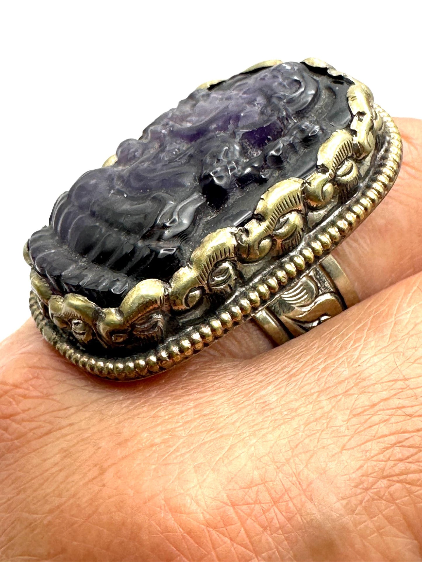 Ganesh Carved Amethyst Ring: Handcrafted Tibetan Silver, Adjustable