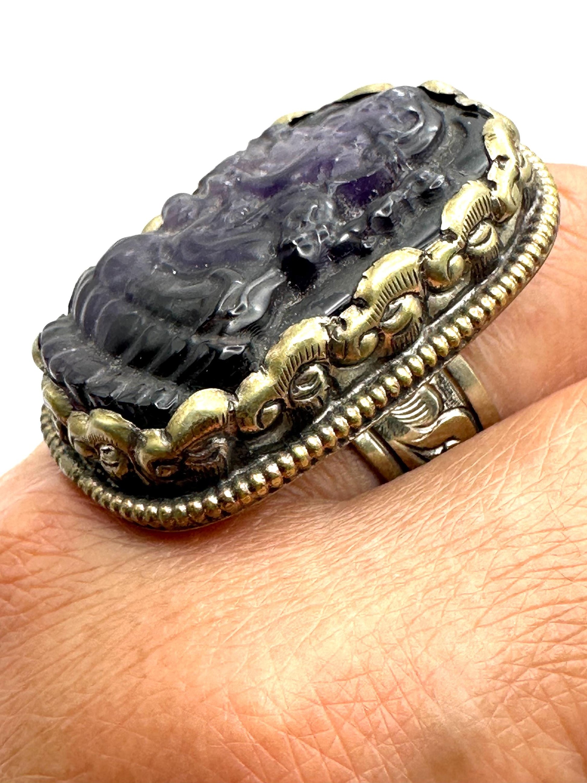 Ganesh Carved Amethyst Ring: Handcrafted Tibetan Silver, Adjustable