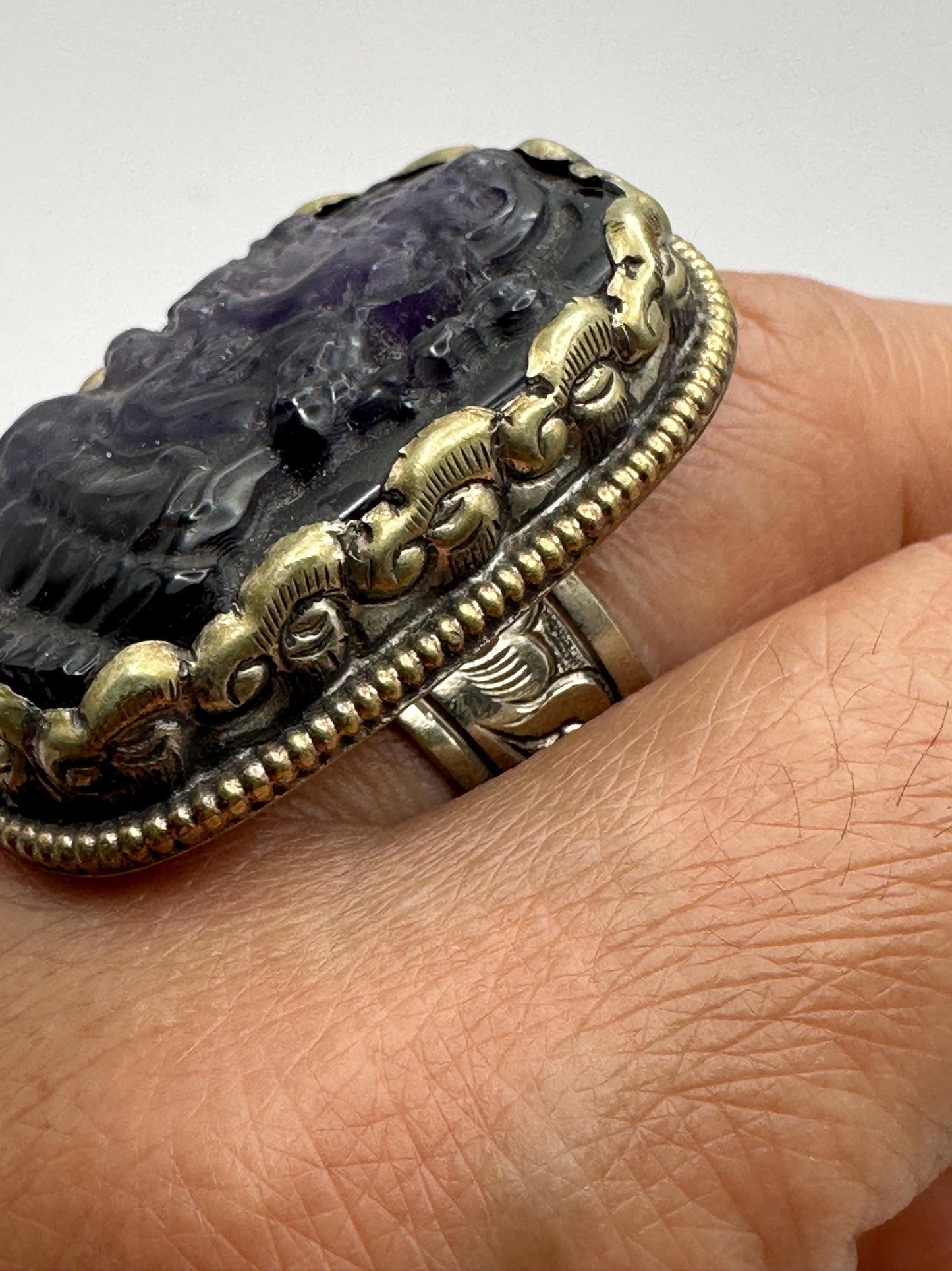 Ganesh Carved Amethyst Ring: Handcrafted Tibetan Silver, Adjustable