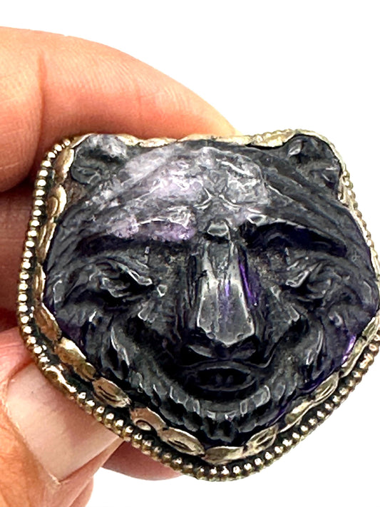 Amethyst bear ring, handcrafted,Tibetan silver,adjustable,animal lover,