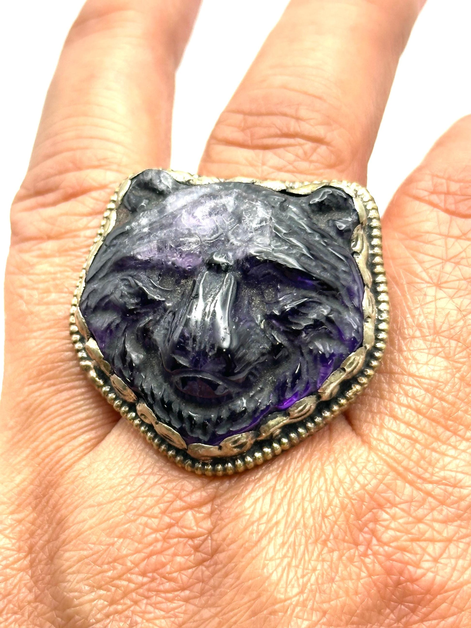 Amethyst bear ring, handcrafted,Tibetan silver,adjustable,animal lover,
