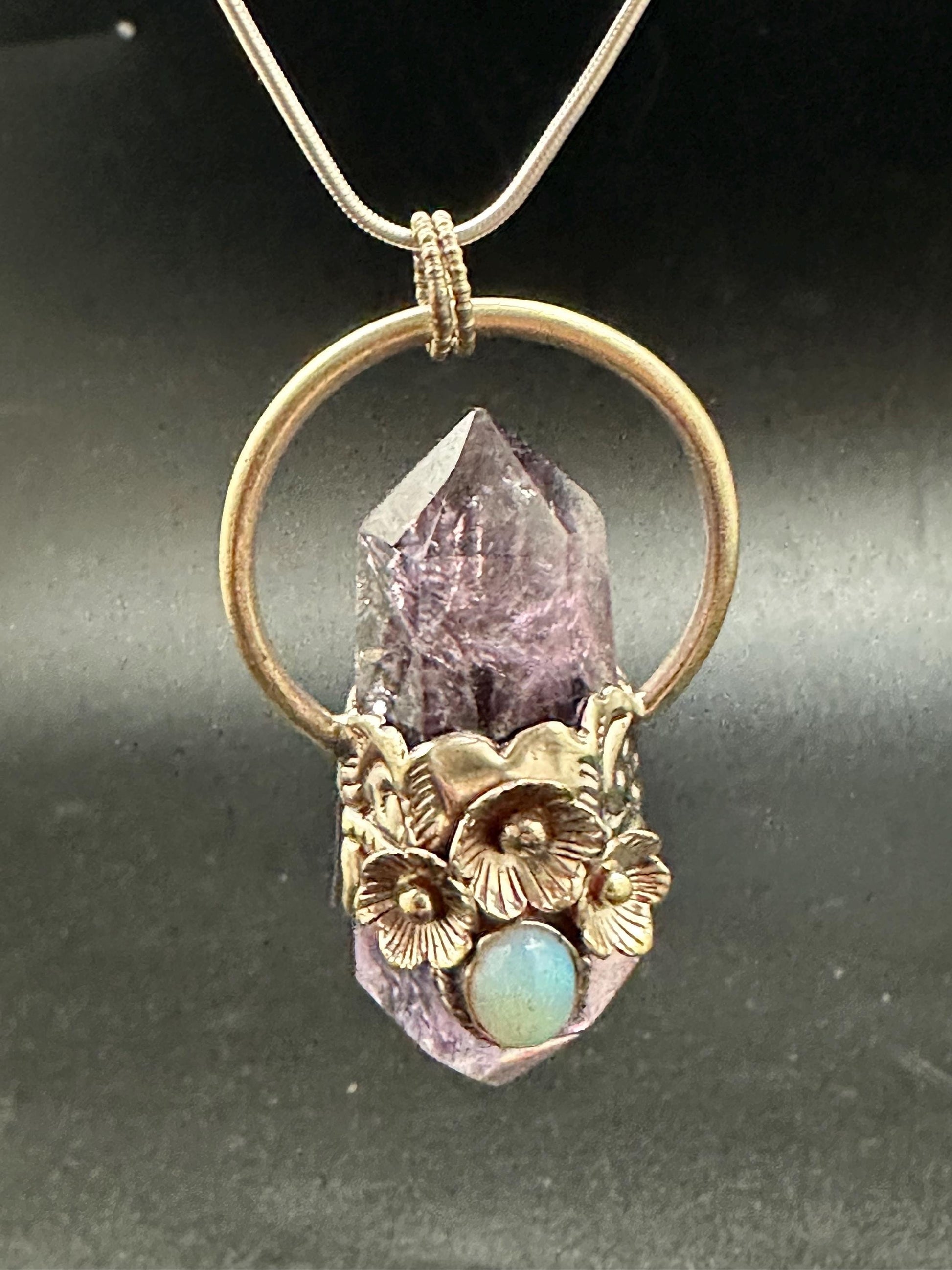 Amethyst pendant ,double point pendant set with opal,handcrafted, Tibetan silver,floral jewelry