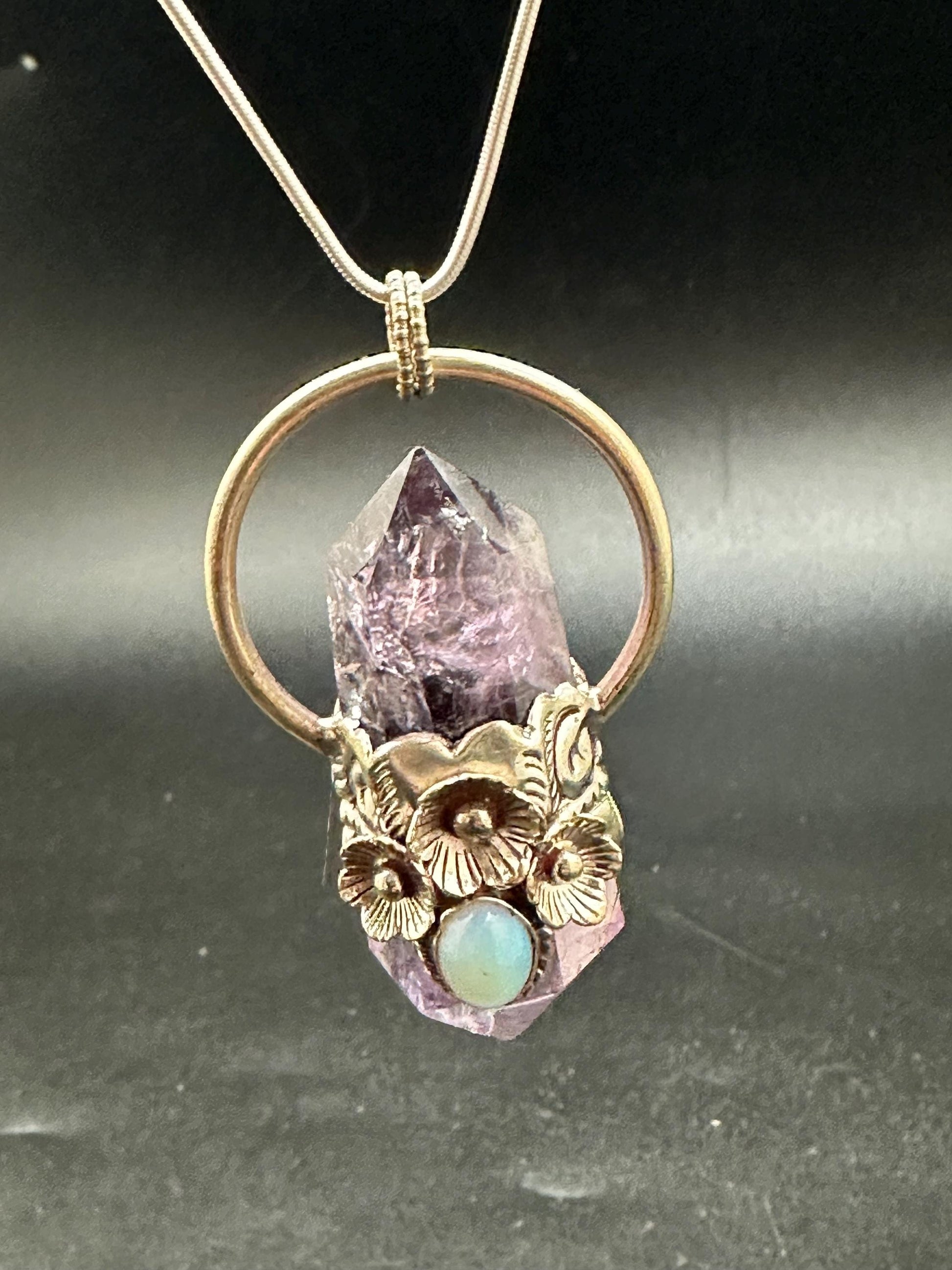 Amethyst pendant ,double point pendant set with opal,handcrafted, Tibetan silver,floral jewelry