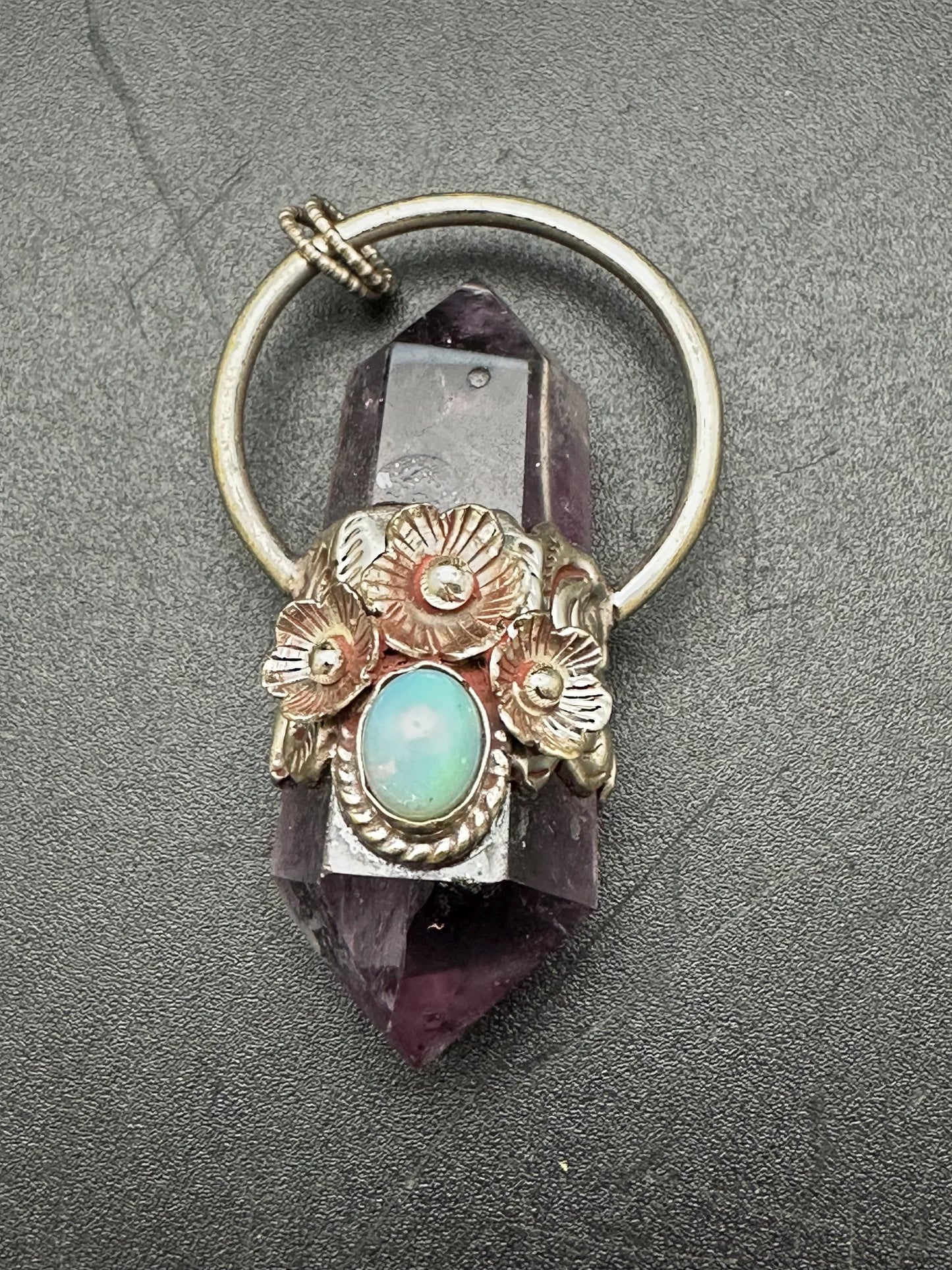 Amethyst pendant ,double point pendant set with opal,handcrafted, Tibetan silver,floral jewelry