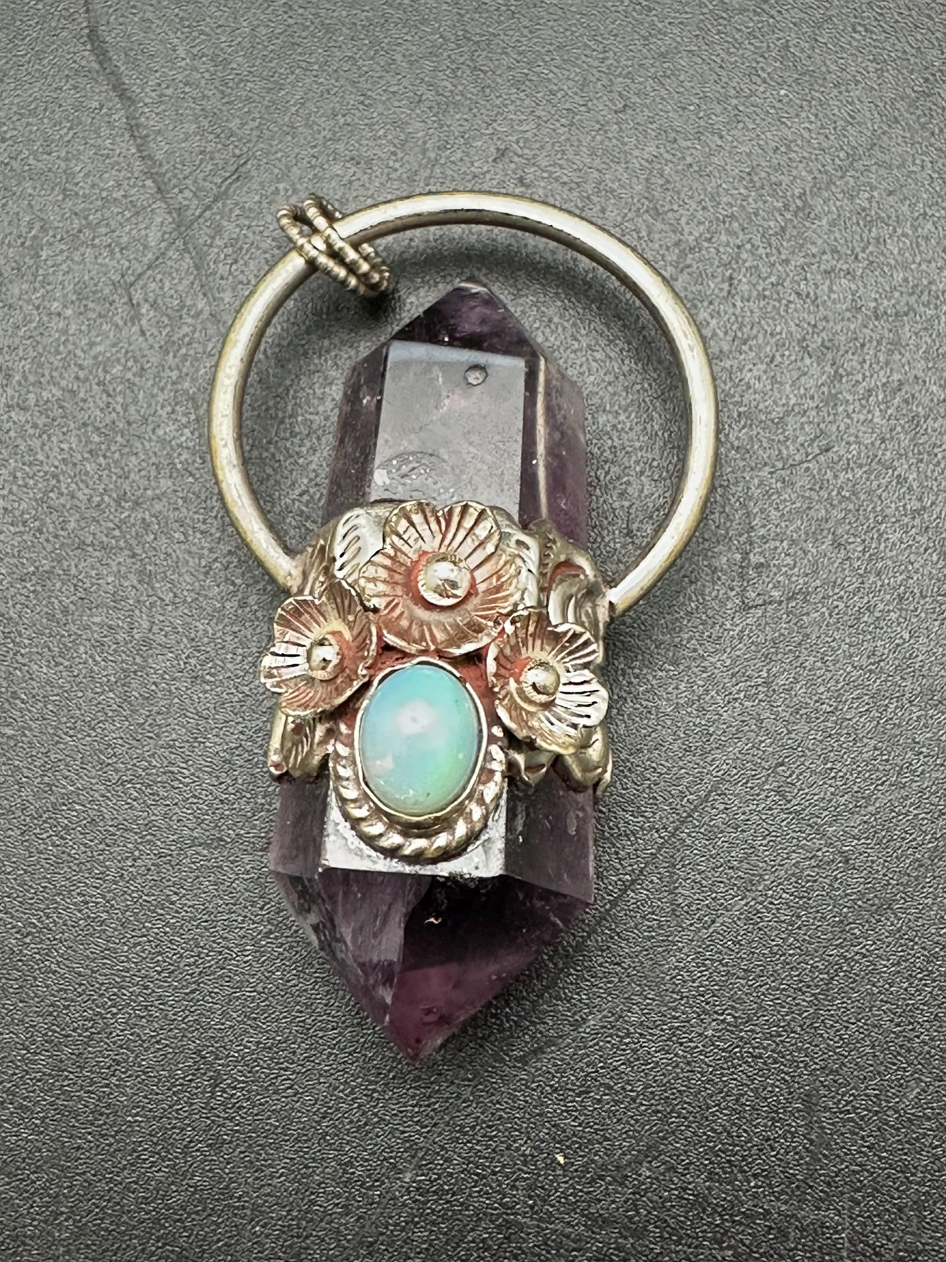 Amethyst pendant ,double point pendant set with opal,handcrafted, Tibetan silver,floral jewelry
