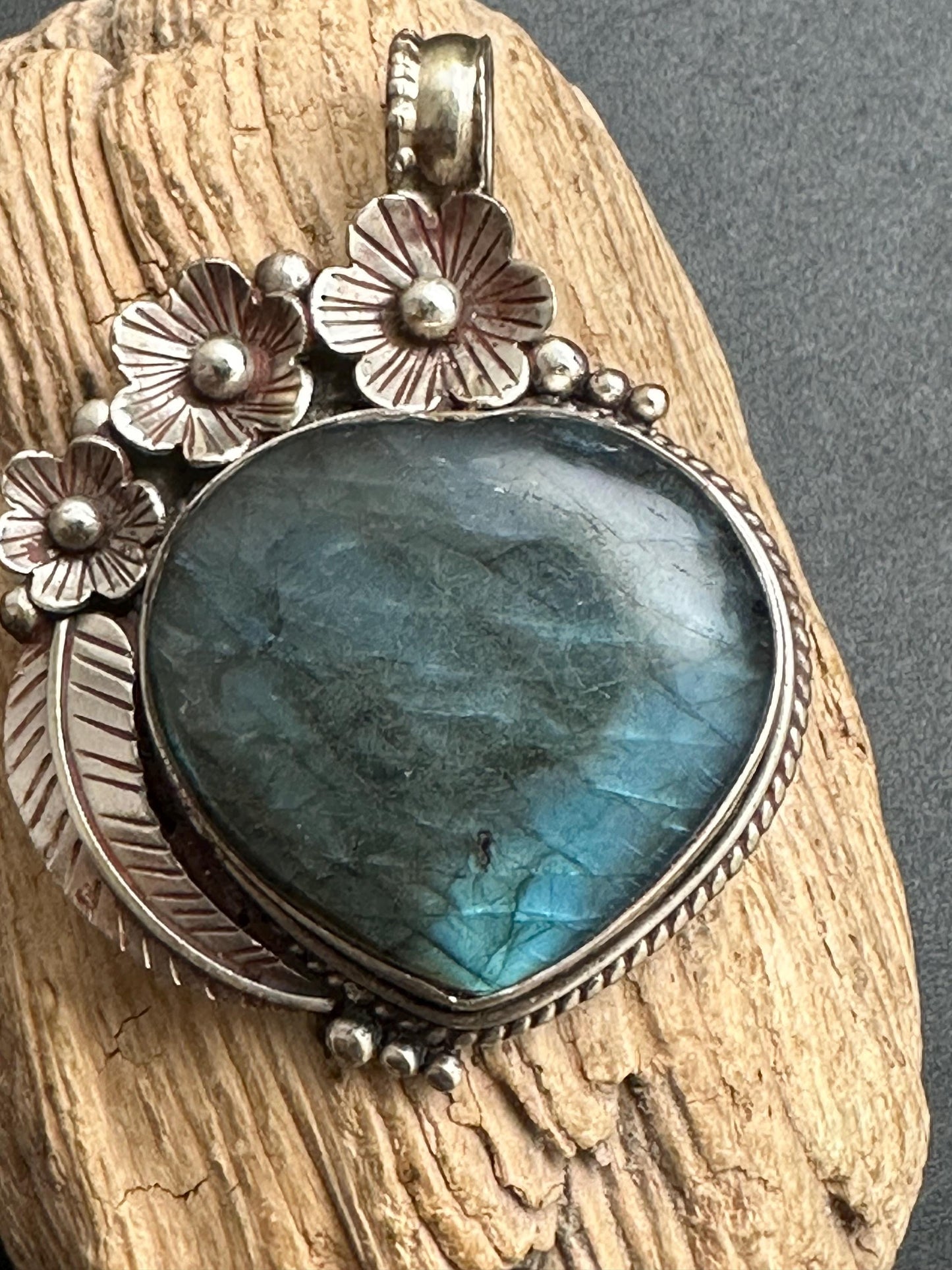 Labradorite Heart Pendant: Tibetan Silver Floral Design, Nepalese Handcraft