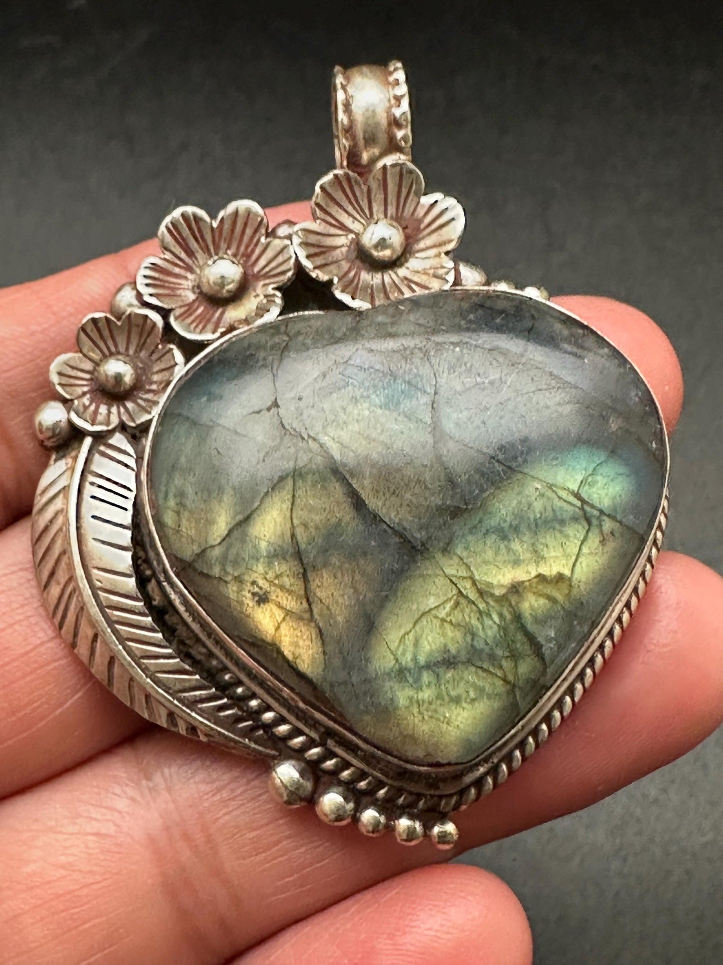 Labradorite Heart Pendant: Tibetan Silver Floral Design, Nepalese Handcraft