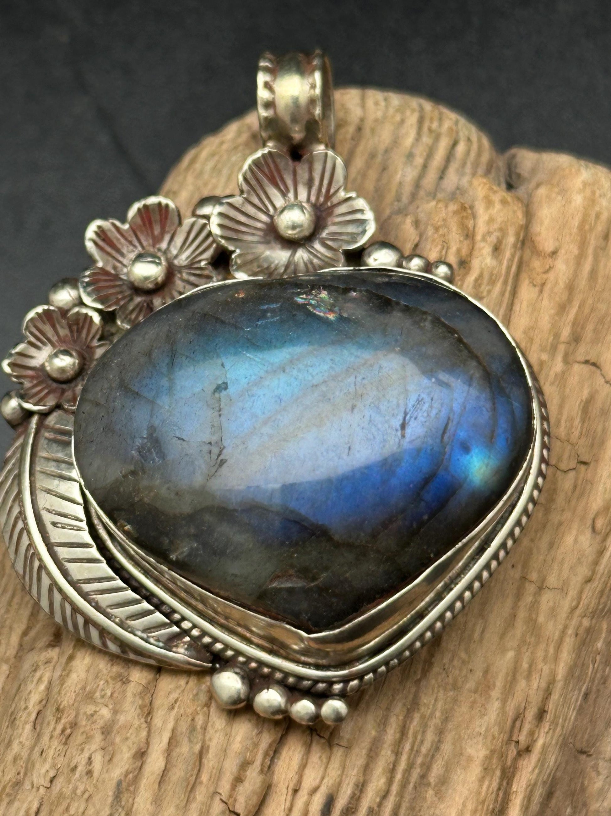 Labradorite Heart Pendant: Tibetan Silver Floral Design, Nepalese Handcraft