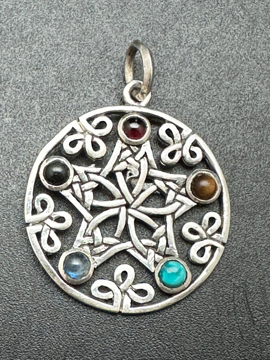 multiple stone pendant,sterling silver,star pendant,handcrafted,five chakra,cabochone,healing, yoga, spiritual