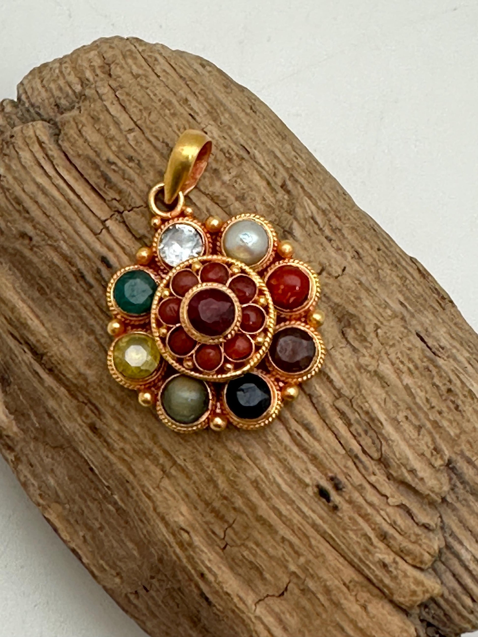 Navaratna pendant, sterling silver, gold plated,handcrafted, flower,natural stone, nine planet gem stone,semi precious stone