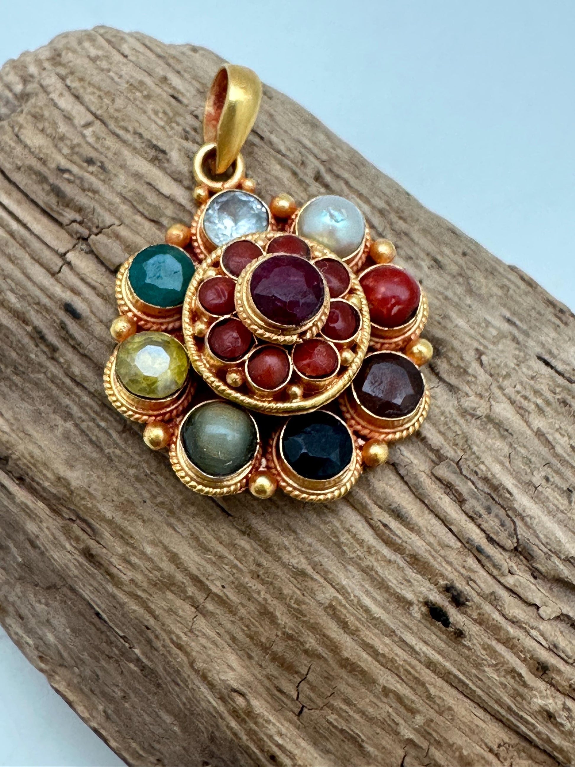 Navaratna pendant, sterling silver, gold plated,handcrafted, flower,natural stone, nine planet gem stone,semi precious stone