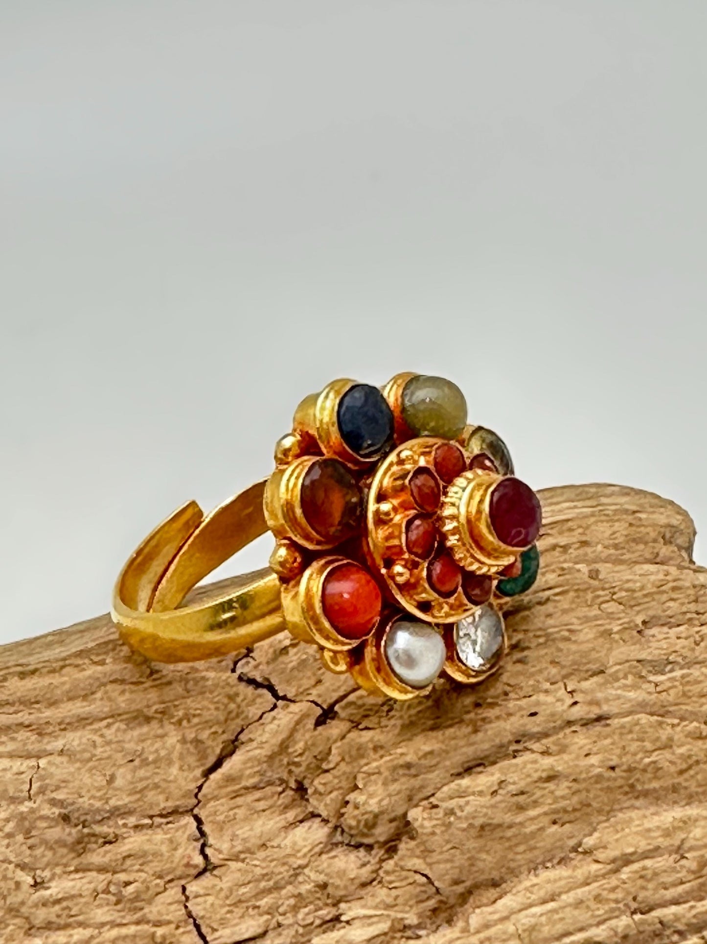 Navaratna Gemstone Ring: 24K Gold Plated Sterling Silver, Adjustable