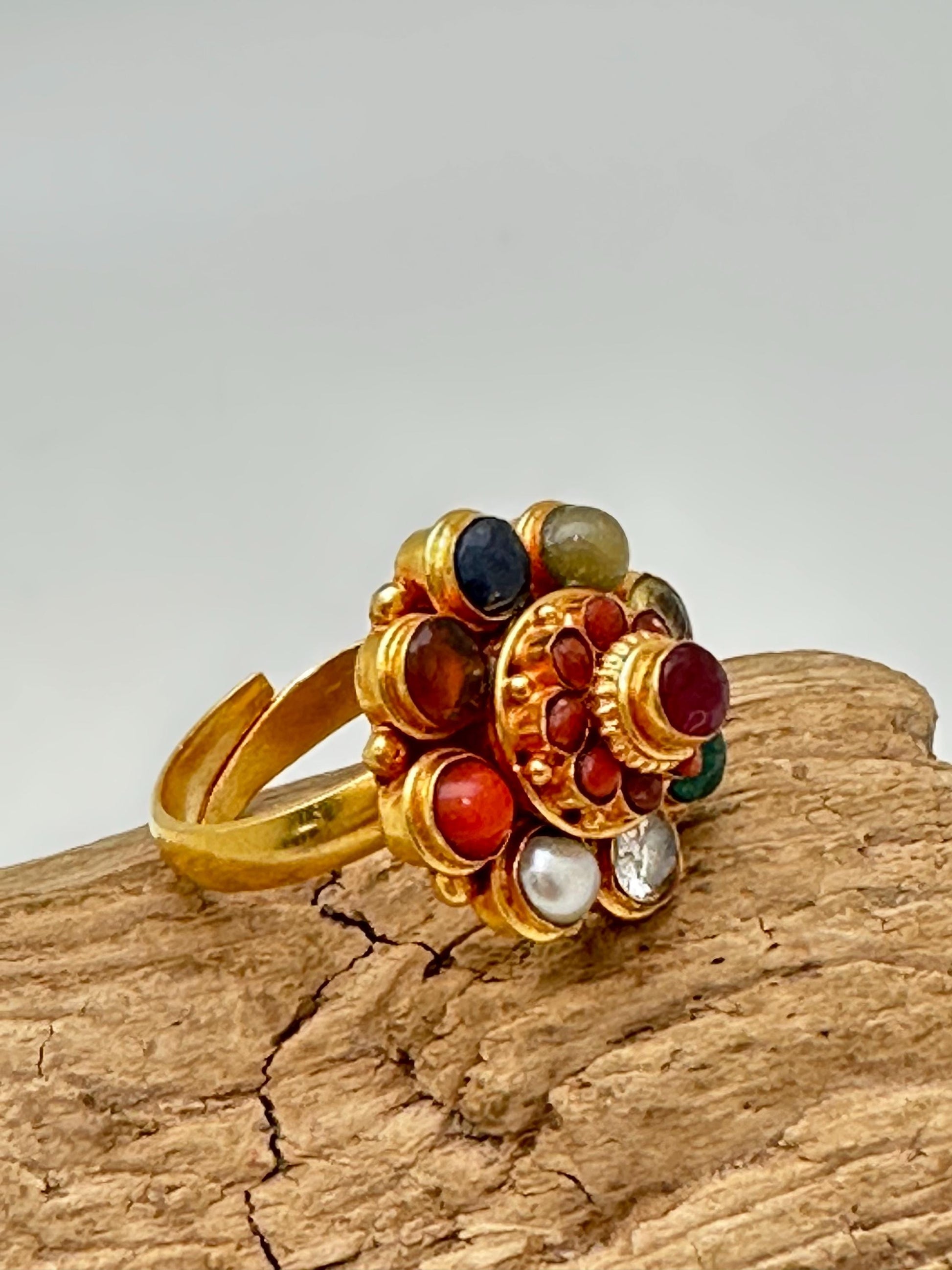 Navaratna Gemstone Ring: 24K Gold Plated Sterling Silver, Adjustable
